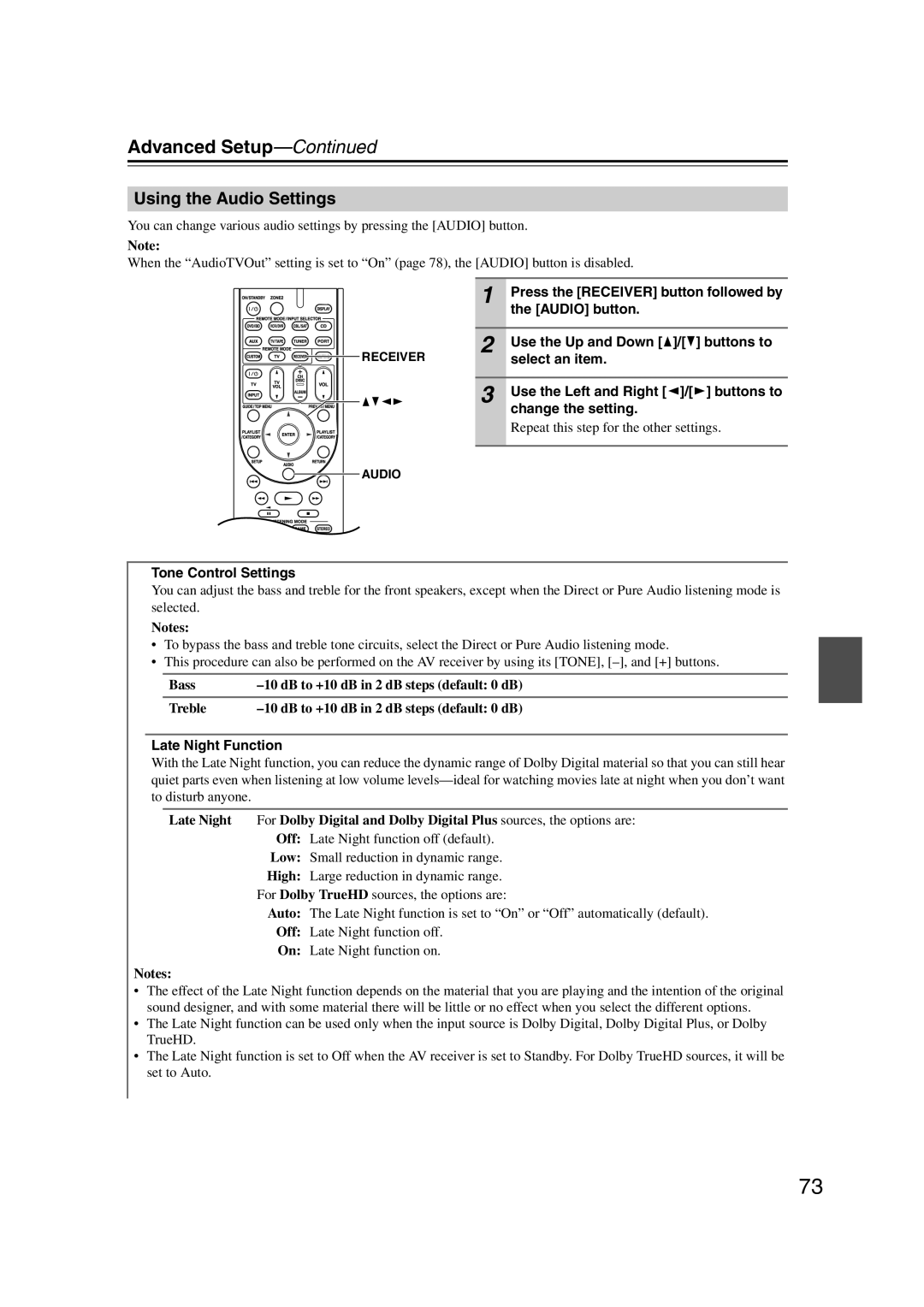 Onkyo HT-S6200, 29344937 instruction manual Using the Audio Settings 