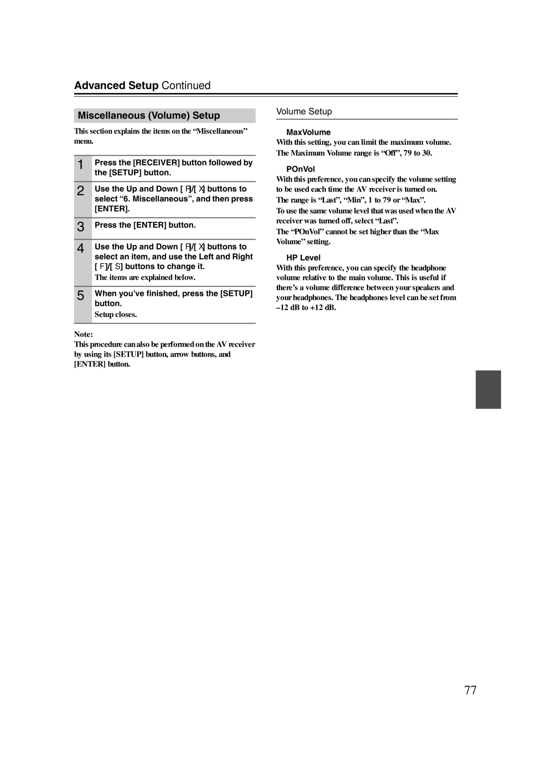 Onkyo HT-S6200, 29344937 instruction manual Miscellaneous Volume Setup 