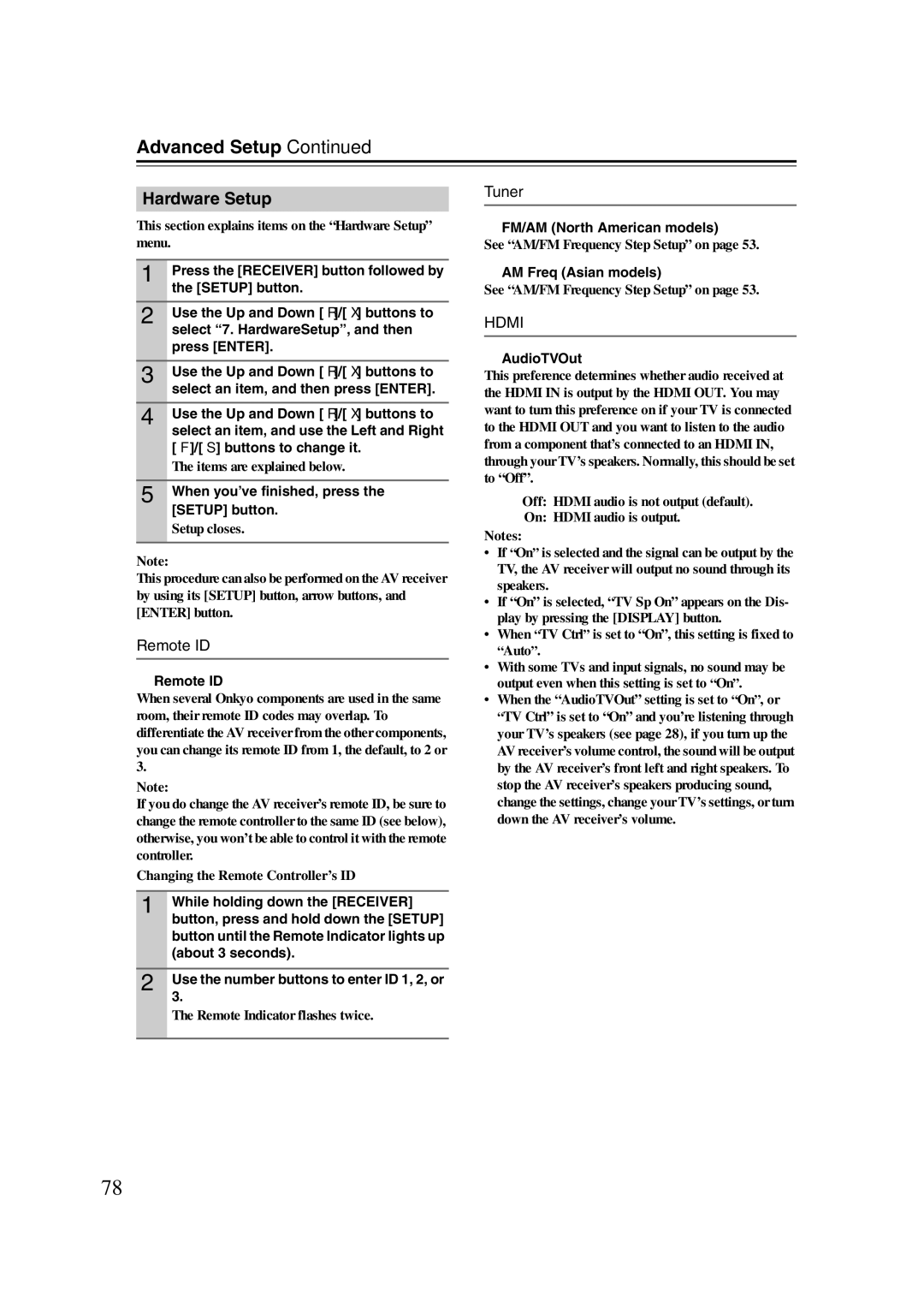 Onkyo 29344937, HT-S6200 instruction manual Hardware Setup, Remote ID, Tuner 