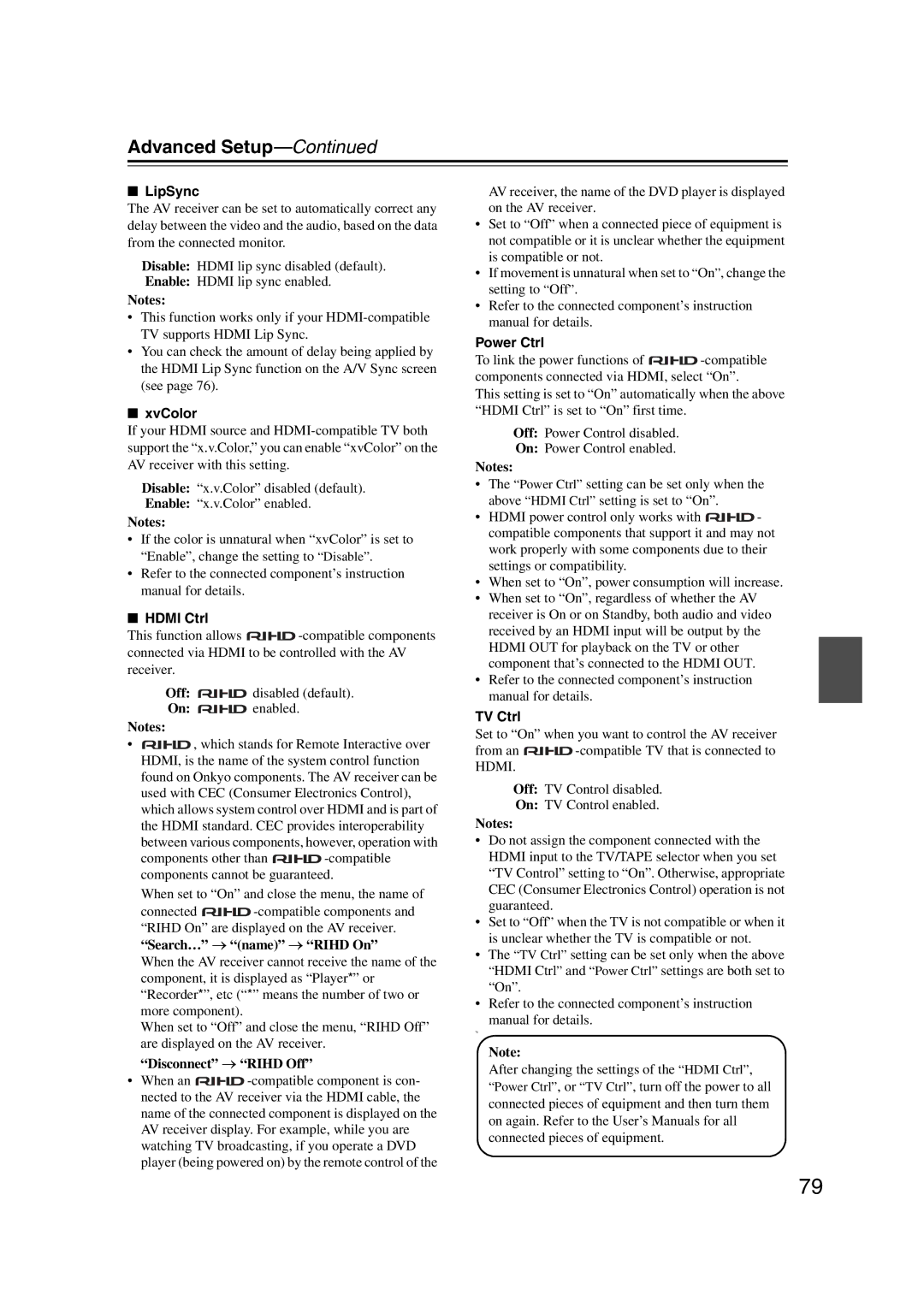 Onkyo HT-S6200, 29344937 instruction manual LipSync, XvColor, Hdmi Ctrl, Power Ctrl, TV Ctrl 