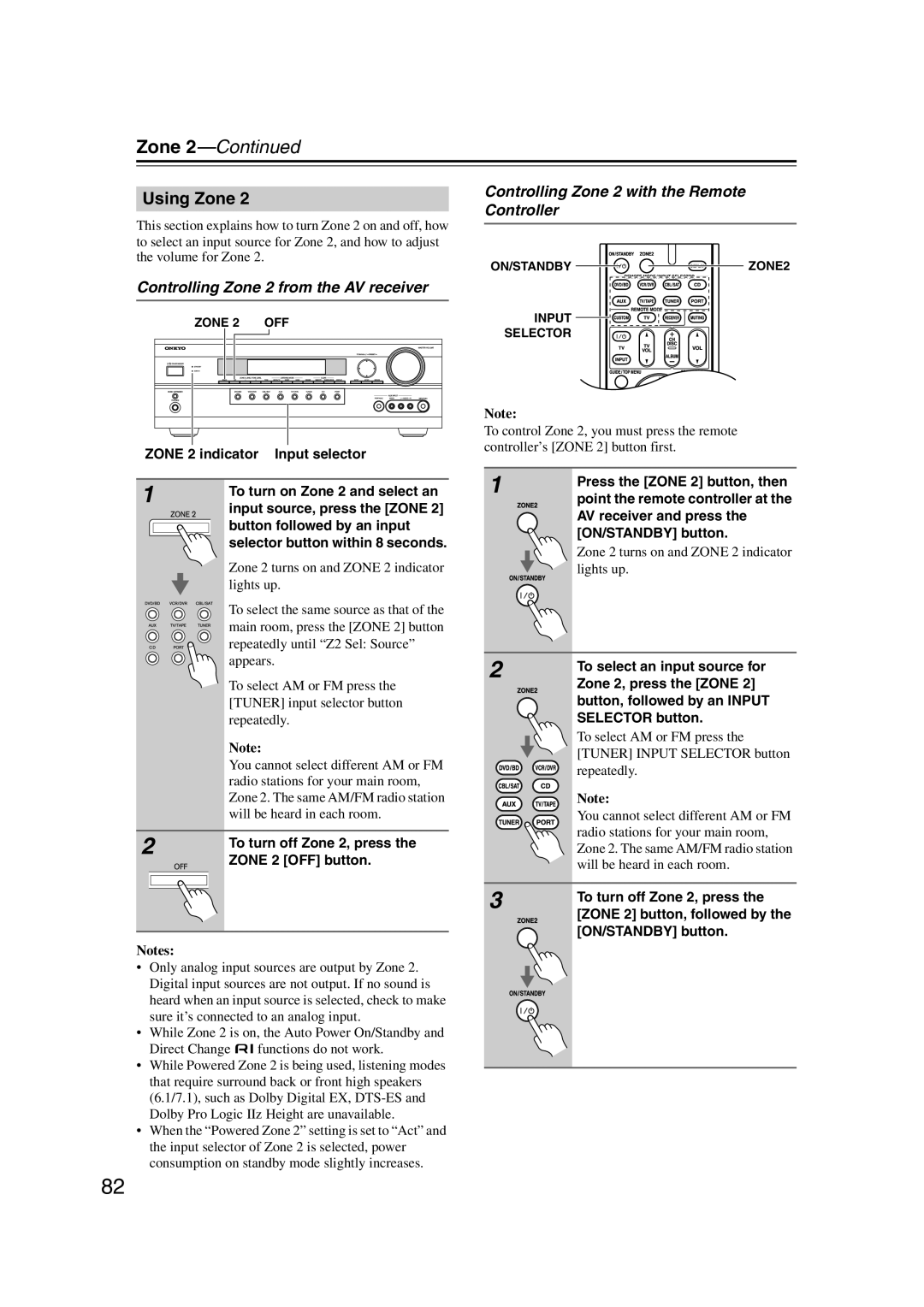 Onkyo 29344937 Using Zone, Controlling Zone 2 from the AV receiver, Controlling Zone 2 with the Remote Controller 