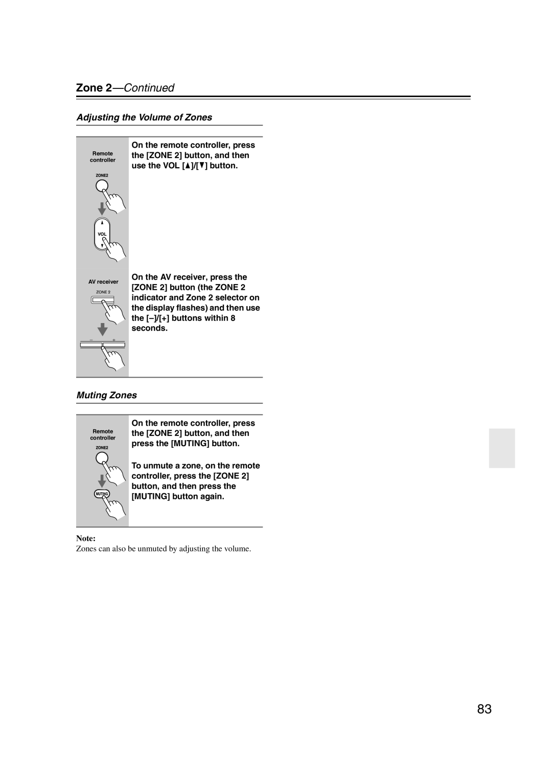 Onkyo HT-S6200, 29344937 instruction manual Adjusting the Volume of Zones, Muting Zones 