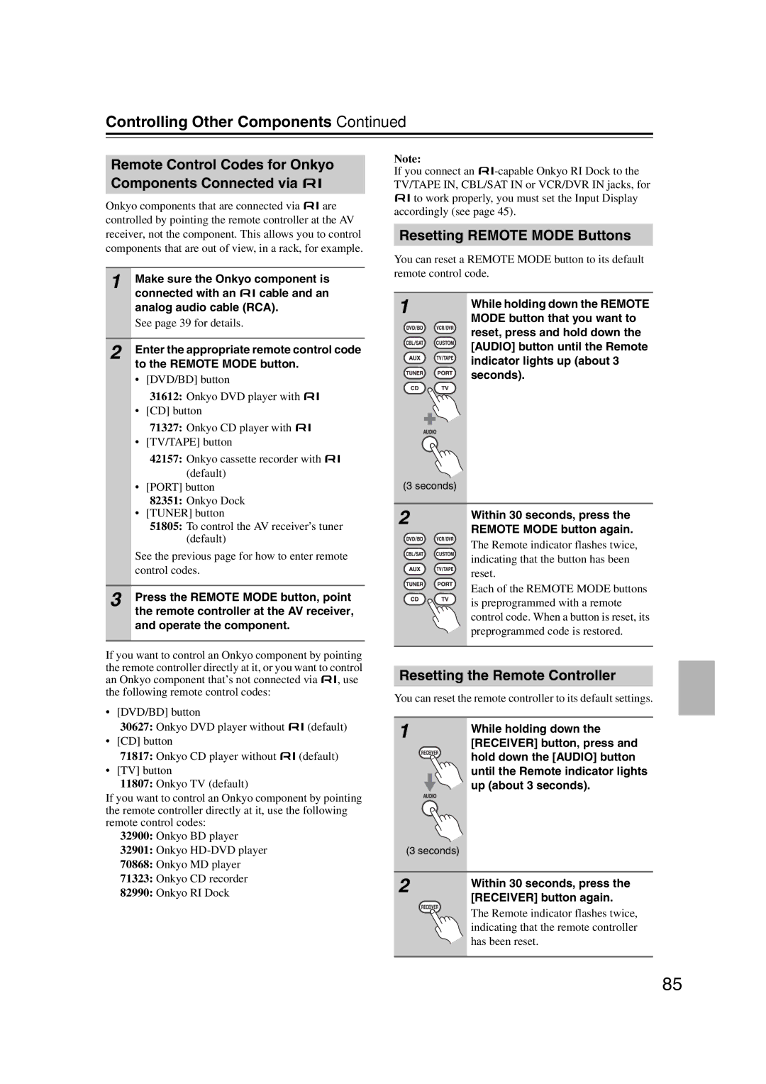 Onkyo HT-S6200, 29344937 Controlling Other Components, Remote Control Codes for Onkyo Components Connected via u 