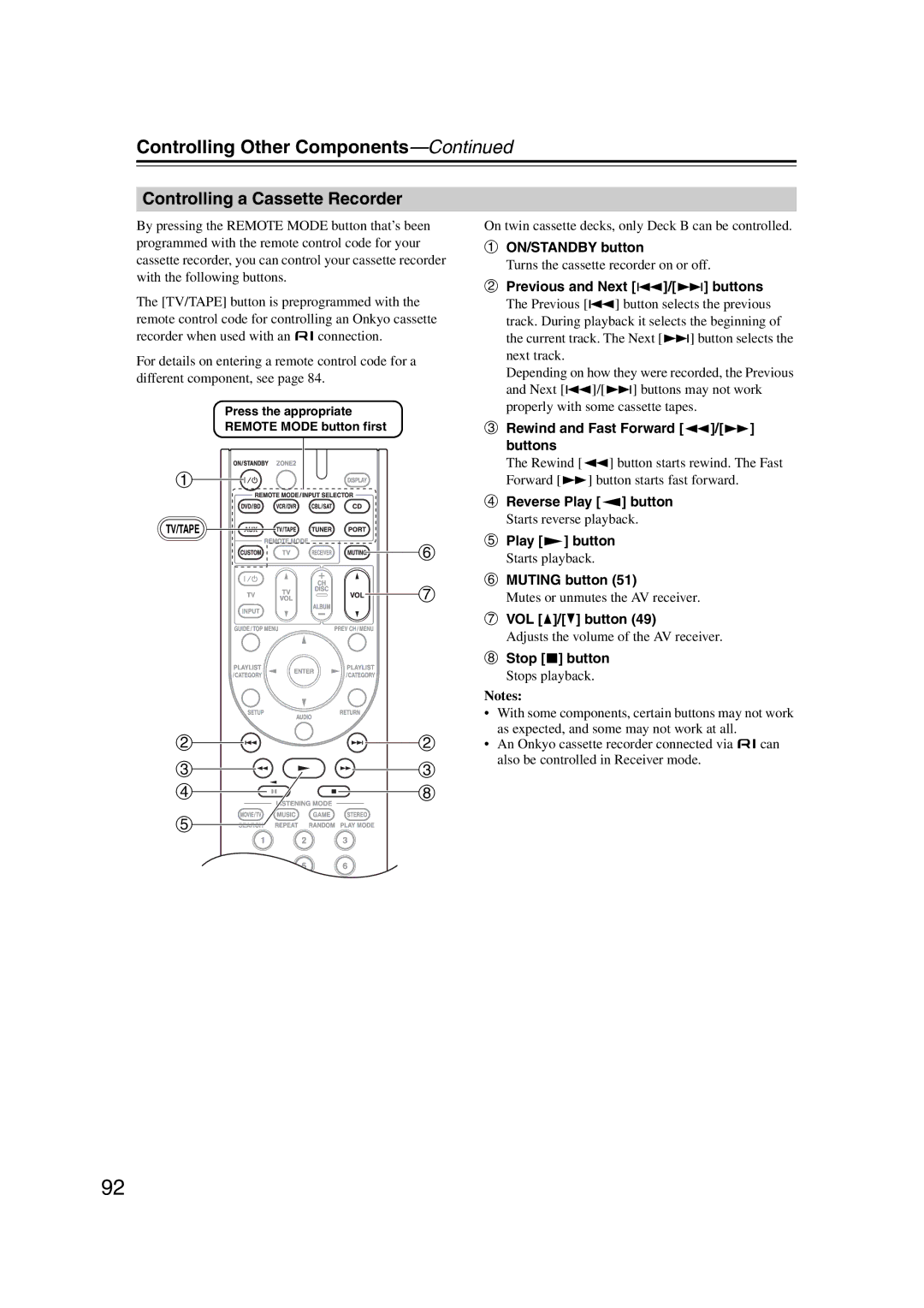 Onkyo 29344937 Controlling a Cassette Recorder, Previous and Next 7/6 buttons, Rewind and Fast Forward 5/4 buttons 