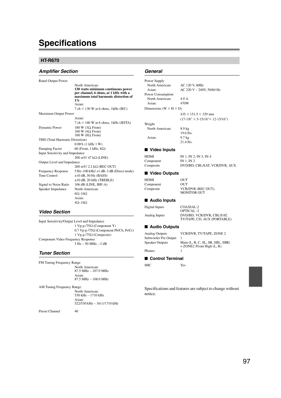 Onkyo HT-S6200, 29344937 instruction manual Specifications, Amplifier Section, Video Section, Tuner Section, General 