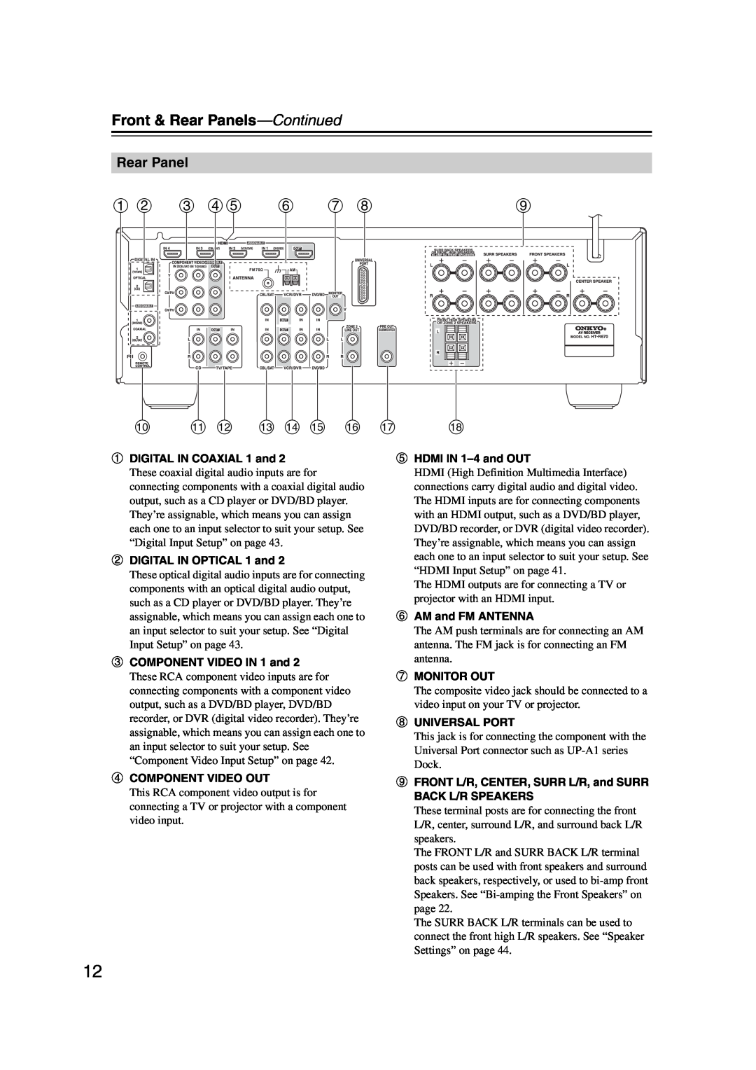 Onkyo 29344937, HT-S6200 instruction manual a b c de f g h, j k l m n o p, Front & Rear Panels-Continued 