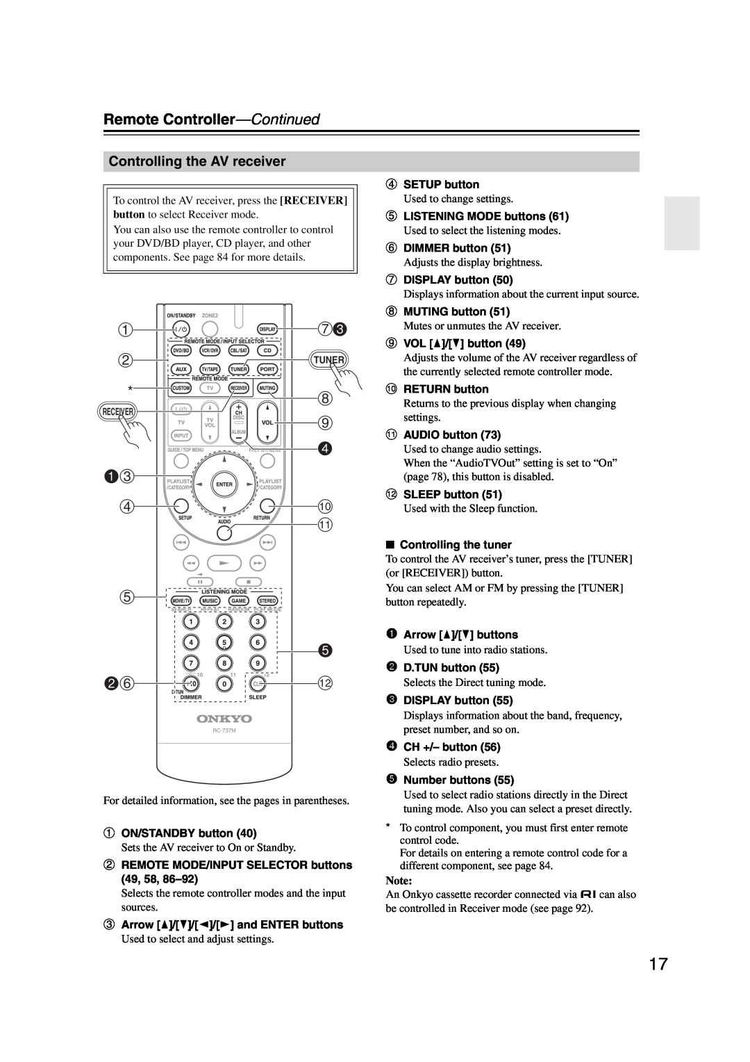 Onkyo HT-S6200, 29344937 instruction manual Remote Controller—Continued, Controlling the AV receiver, 4 1c 
