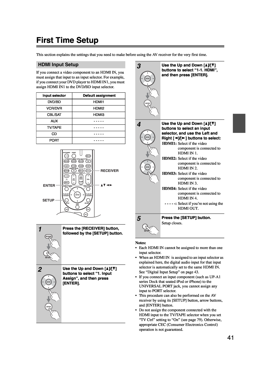 Onkyo HT-S6200, 29344937 instruction manual First Time Setup, HDMI Input Setup, Notes 