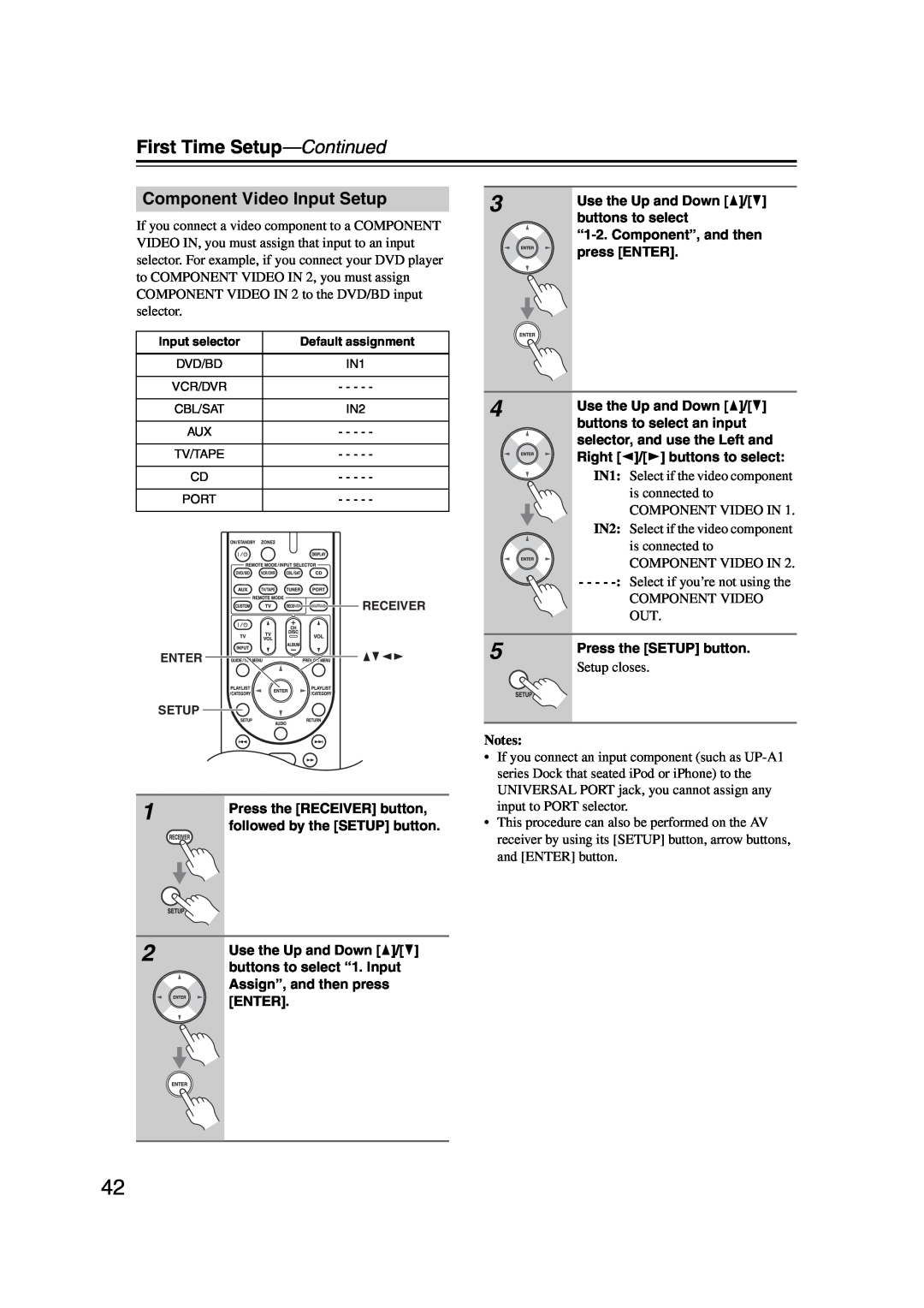 Onkyo 29344937, HT-S6200 instruction manual First Time Setup—Continued, Component Video Input Setup, Notes 