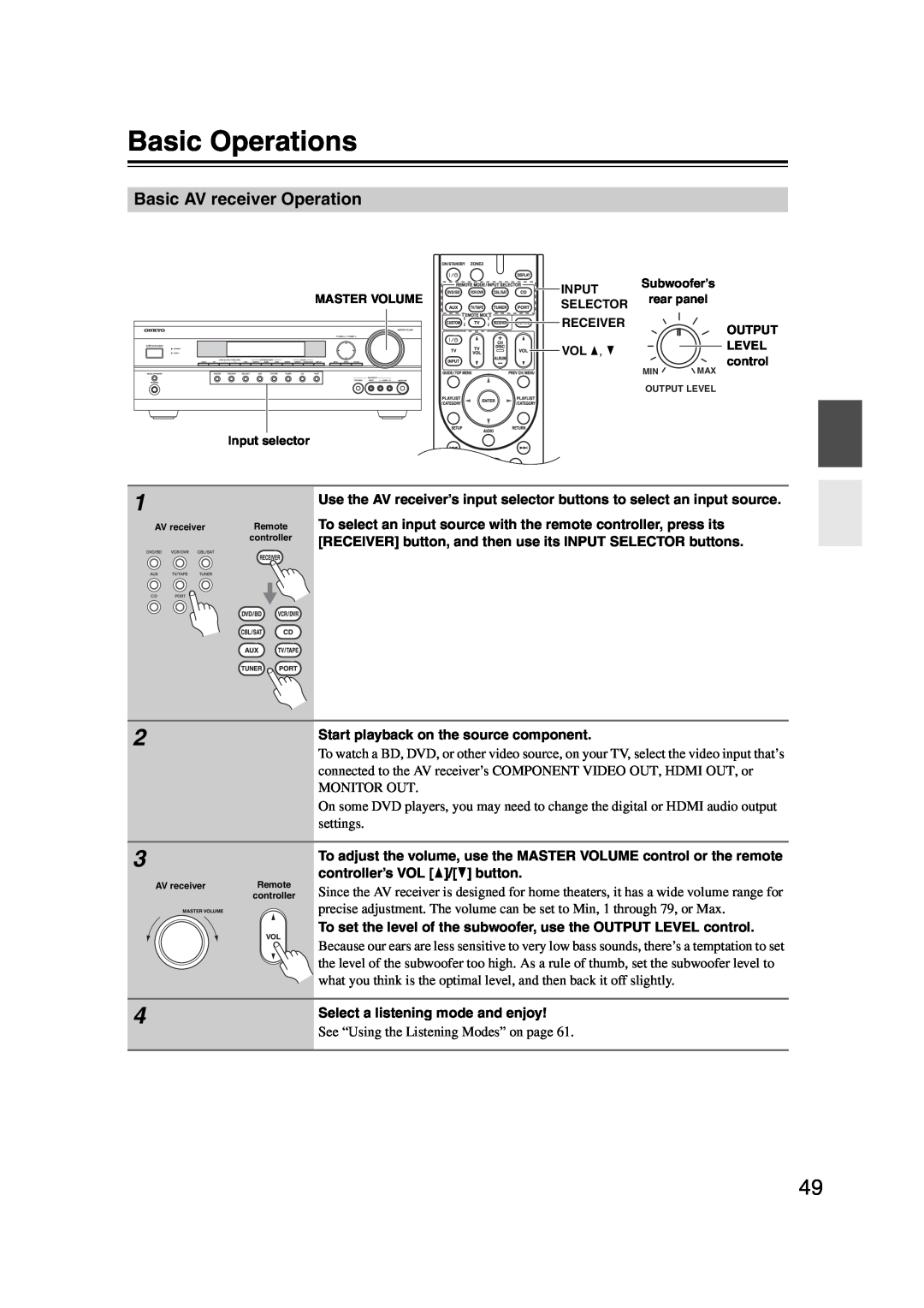Onkyo HT-S6200, 29344937 instruction manual Basic Operations, Basic AV receiver Operation 