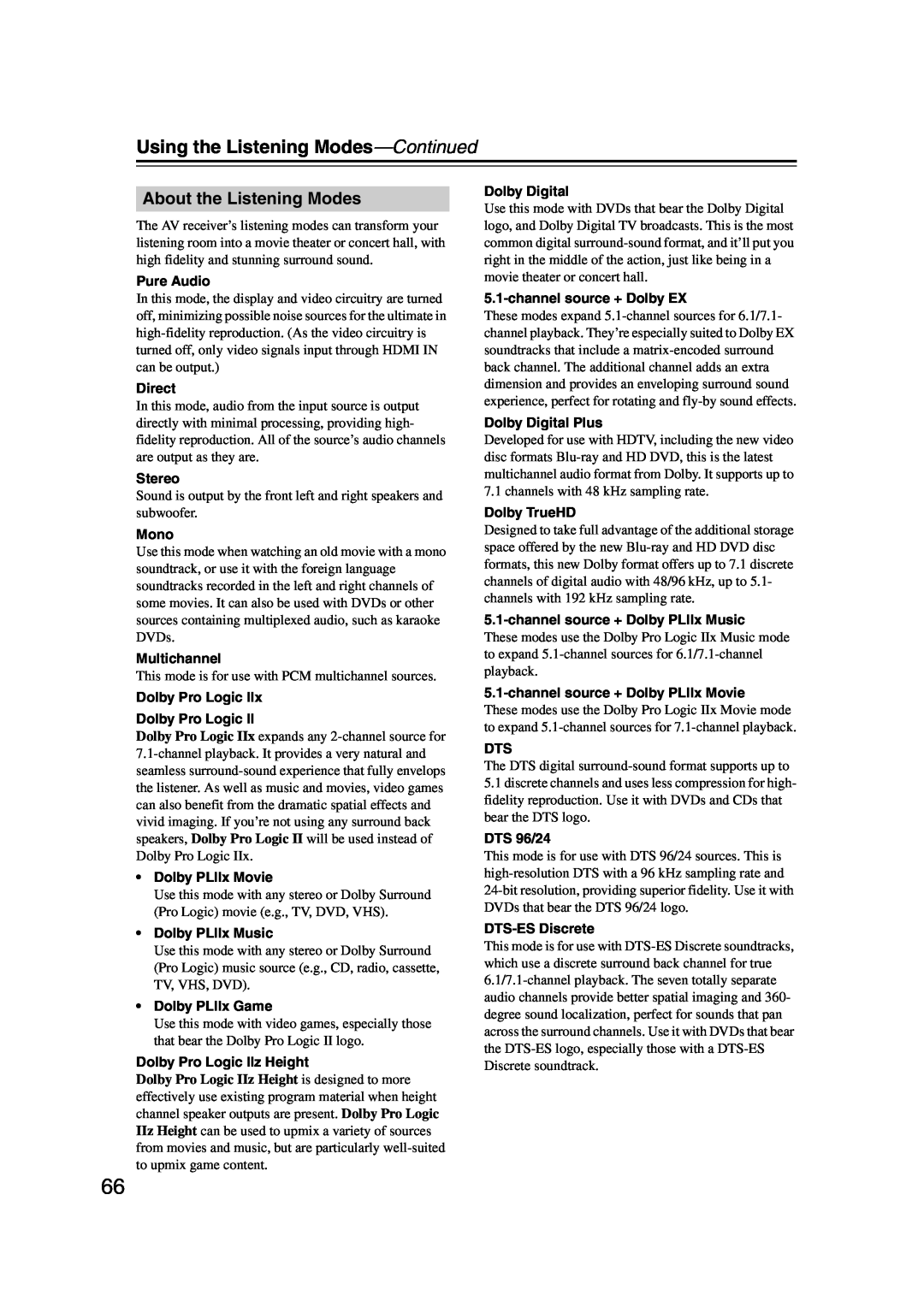 Onkyo 29344937, HT-S6200 instruction manual About the Listening Modes, Using the Listening Modes-Continued 