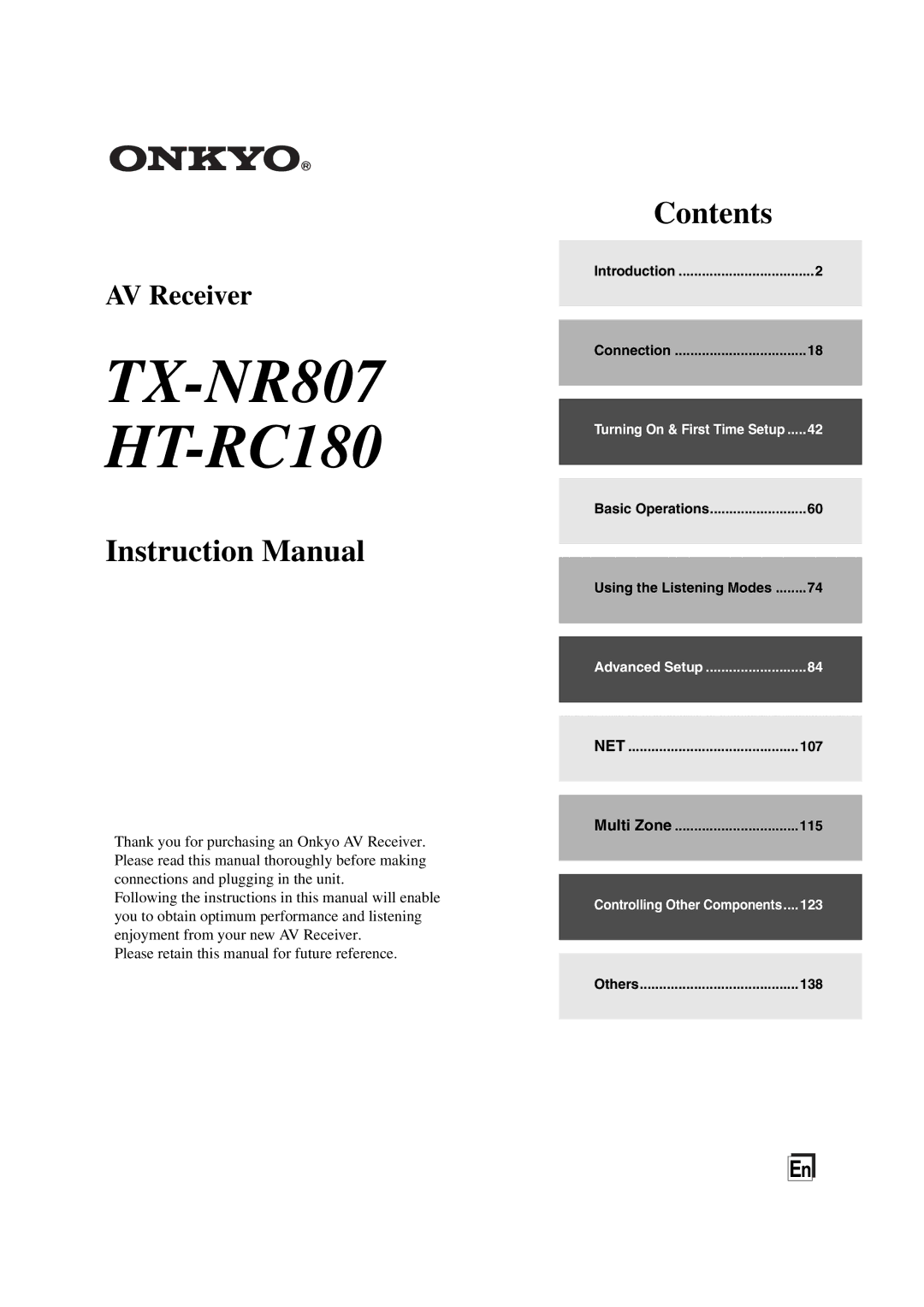 Onkyo 29400021 instruction manual TX-NR807 HT-RC180 