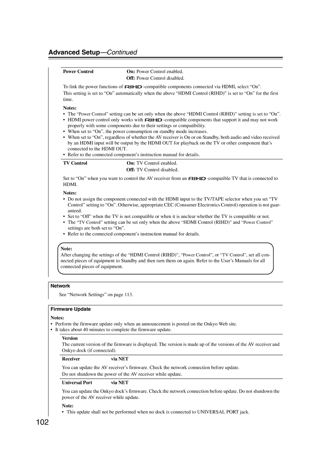 Onkyo 29400021, HT-RC180, TX-NR807 instruction manual 102, Network, Firmware Update 