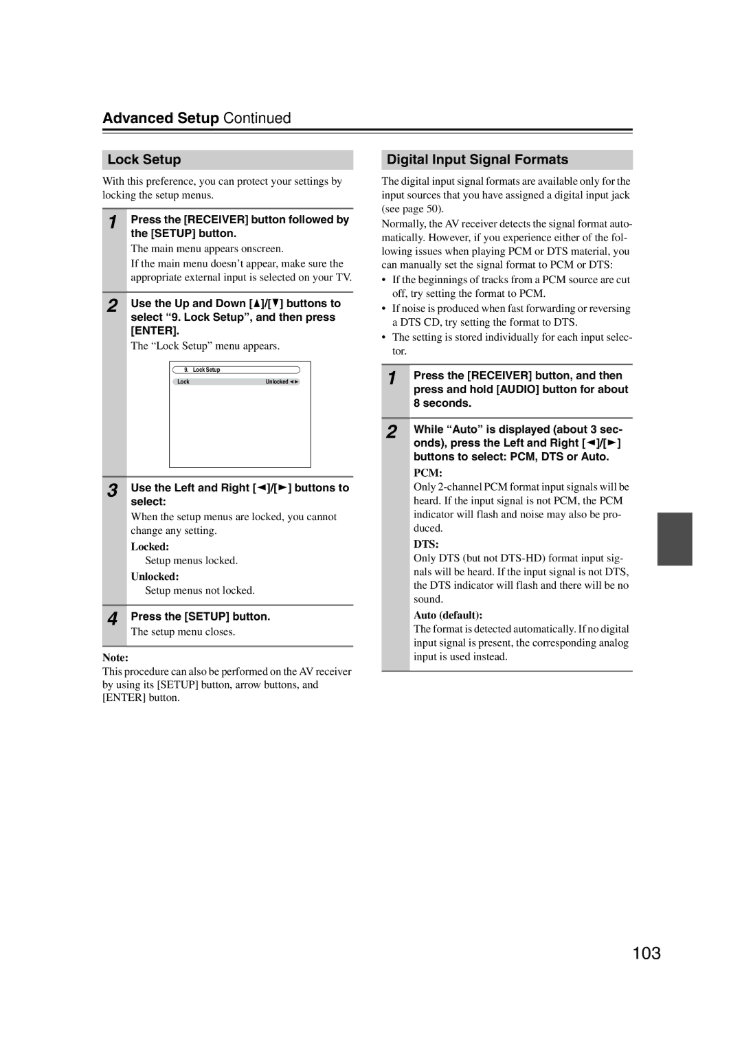 Onkyo HT-RC180, 29400021 103, Lock Setup, Digital Input Signal Formats, Use the Left and Right e/r buttons to select 