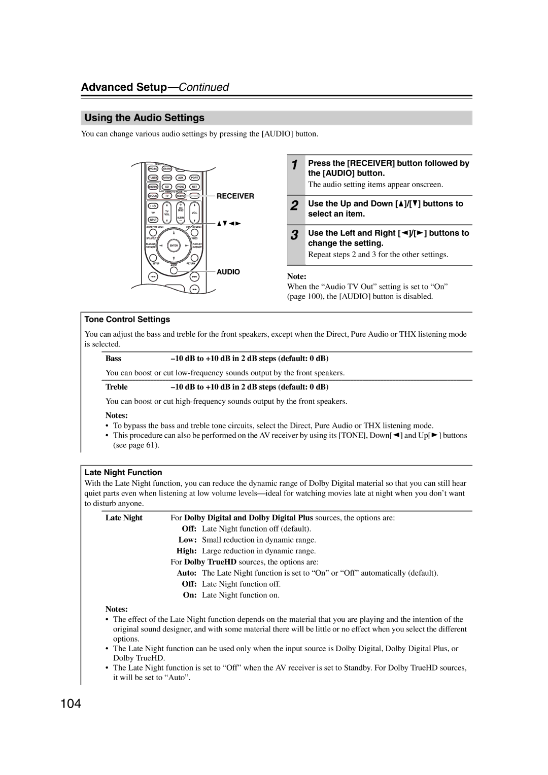 Onkyo TX-NR807, 29400021, HT-RC180 instruction manual 104, Using the Audio Settings 