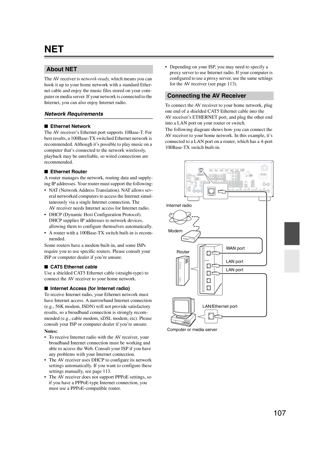 Onkyo TX-NR807, 29400021, HT-RC180 instruction manual 107, About NET, Connecting the AV Receiver, Network Requirements 