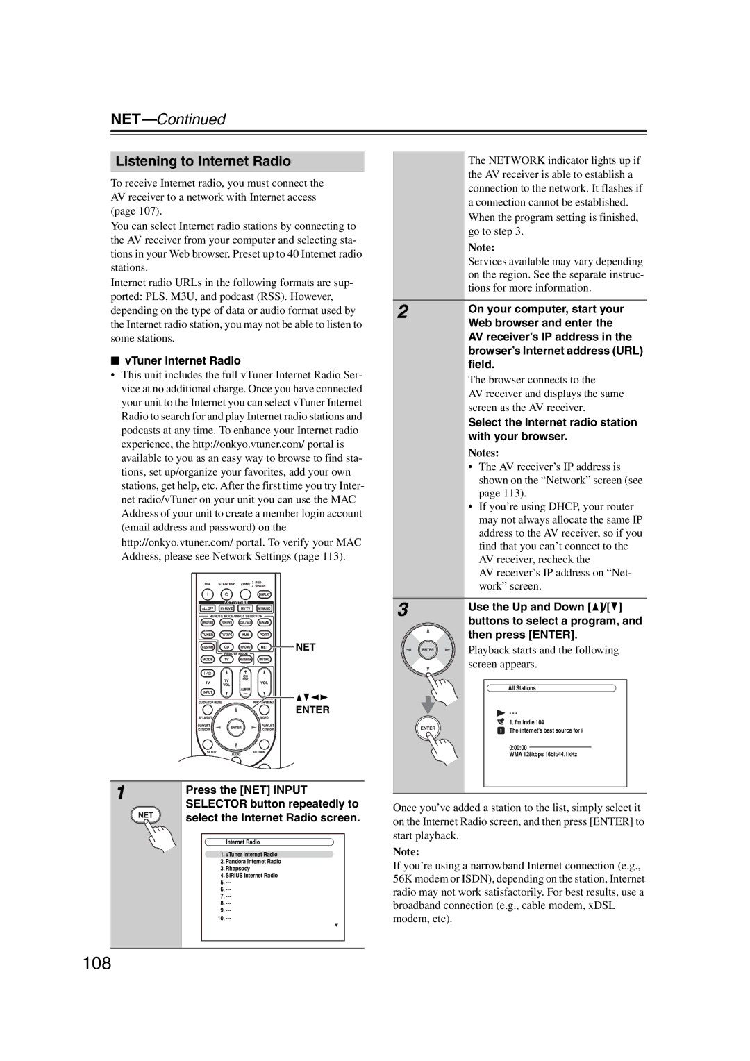 Onkyo 29400021, HT-RC180, TX-NR807 instruction manual 108, Listening to Internet Radio 