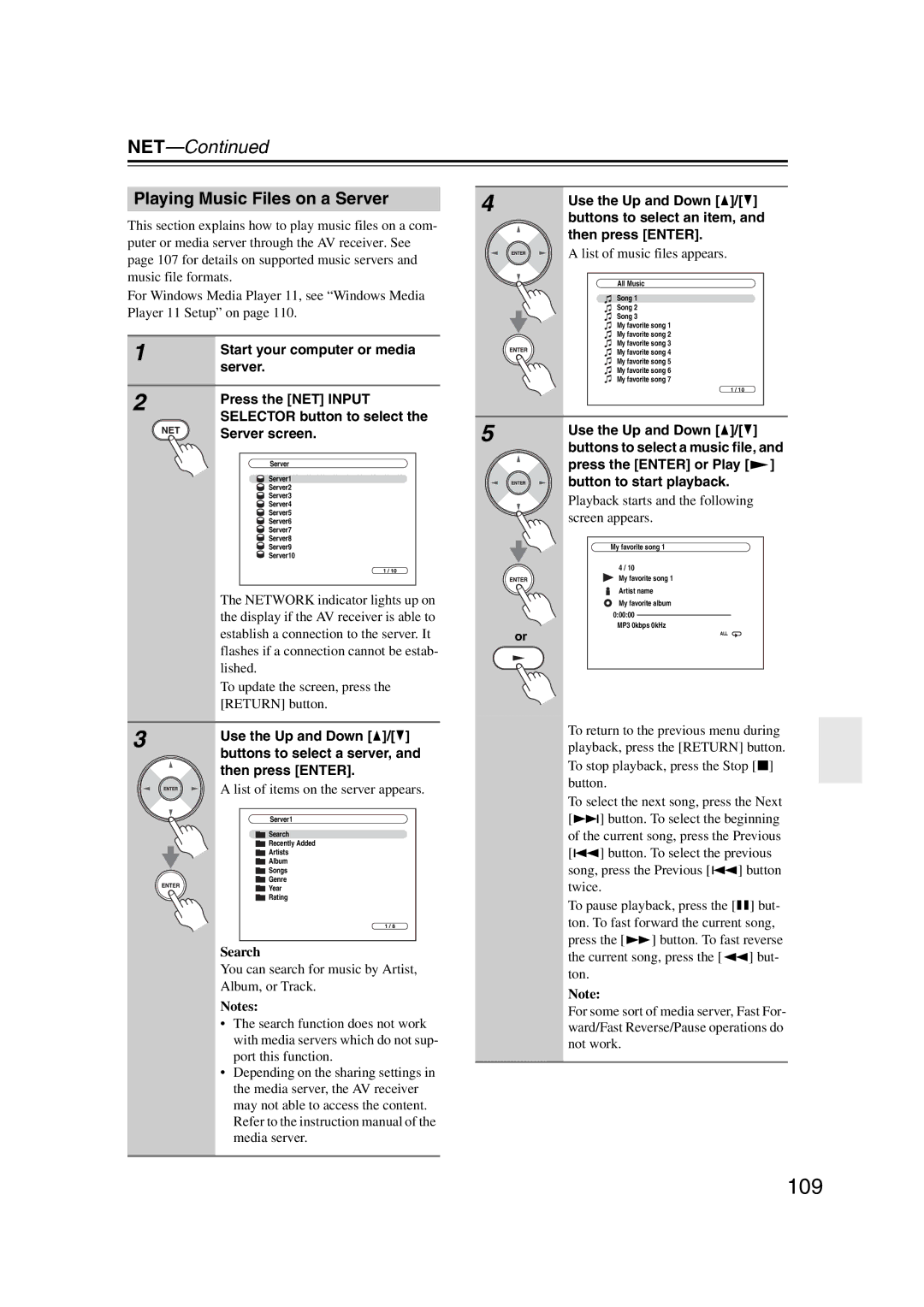 Onkyo HT-RC180, 29400021, TX-NR807 instruction manual 109, Playing Music Files on a Server 