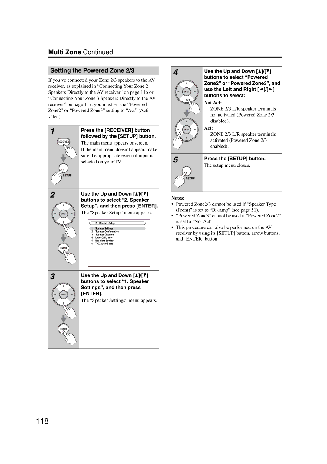 Onkyo HT-RC180, 29400021, TX-NR807 instruction manual 118, Setting the Powered Zone 2/3, Not Act, Speaker Setup menu appears 