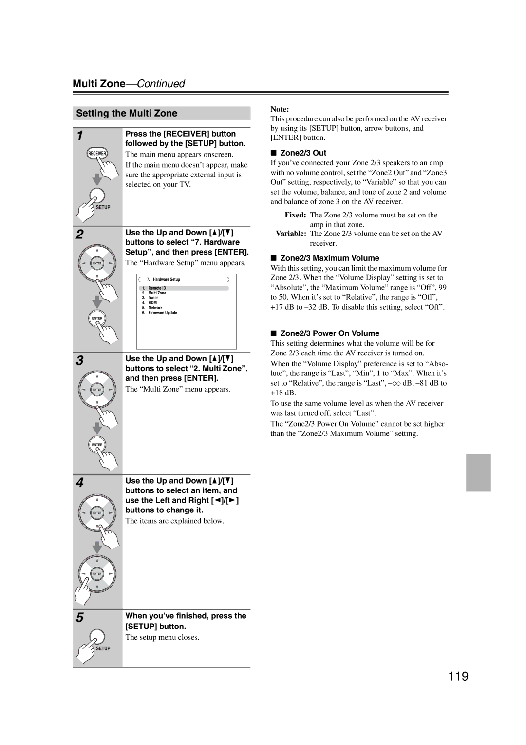 Onkyo TX-NR807, 29400021 119, Setting the Multi Zone, Zone2/3 Out, Zone2/3 Maximum Volume, Zone2/3 Power On Volume 