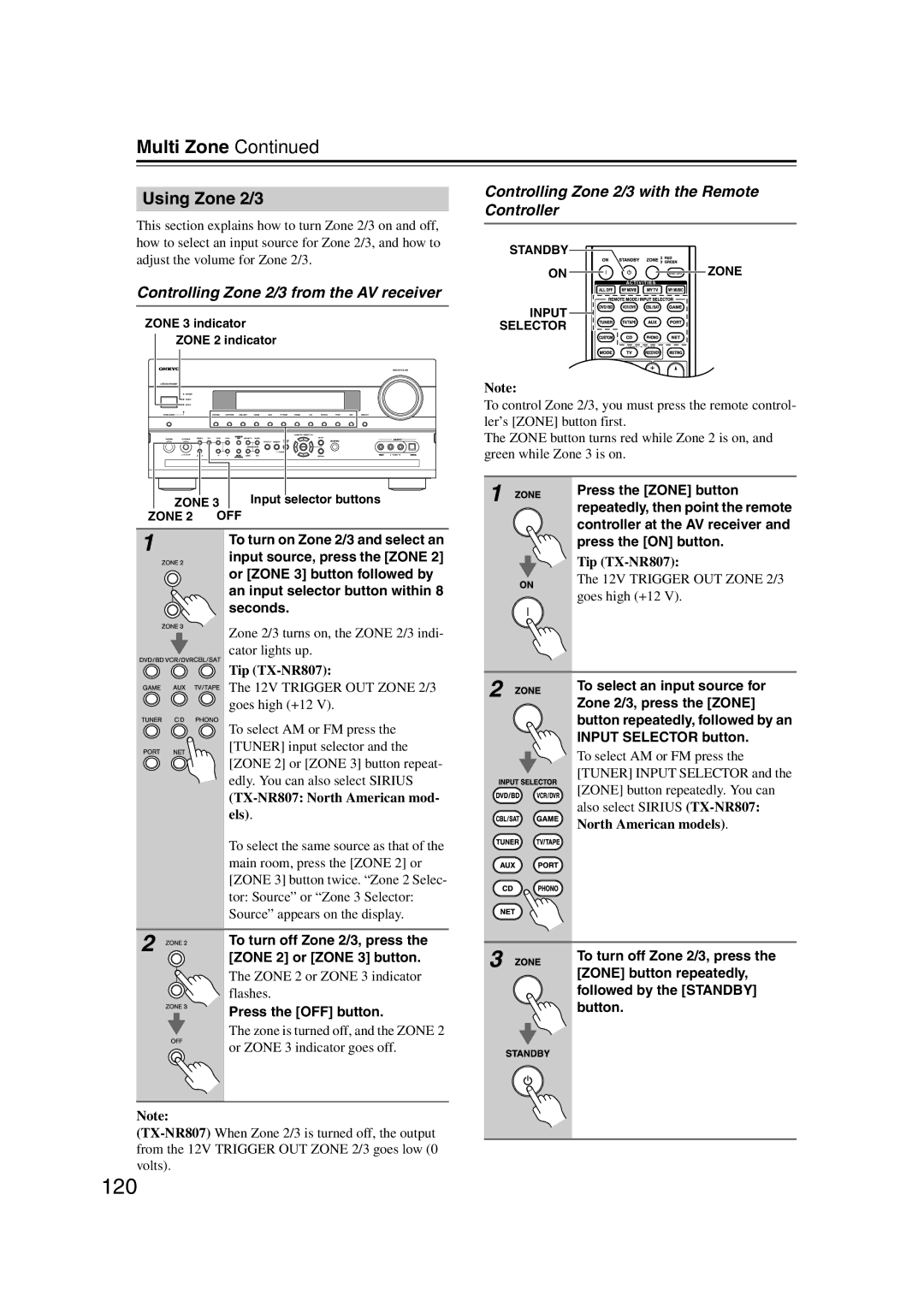 Onkyo 29400021, HT-RC180, TX-NR807 instruction manual 120, Using Zone 2/3, Controlling Zone 2/3 from the AV receiver 