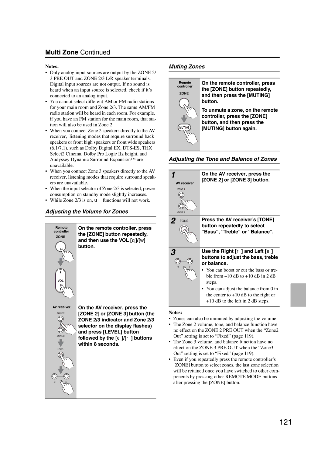 Onkyo HT-RC180, 29400021 121, Adjusting the Volume for Zones, Muting Zones, Adjusting the Tone and Balance of Zones 