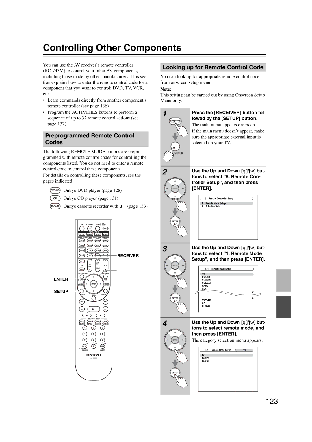 Onkyo 29400021 Controlling Other Components, 123, Preprogrammed Remote Control Codes, Looking up for Remote Control Code 