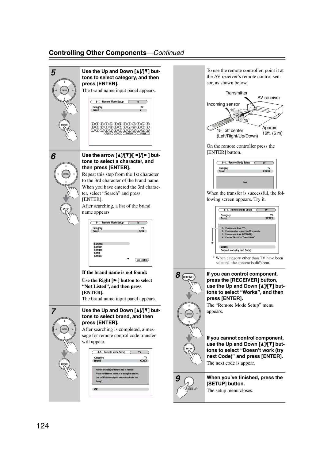 Onkyo HT-RC180, 29400021 124, Controlling Other Components, If you can control component, Tons to select Works, and then 