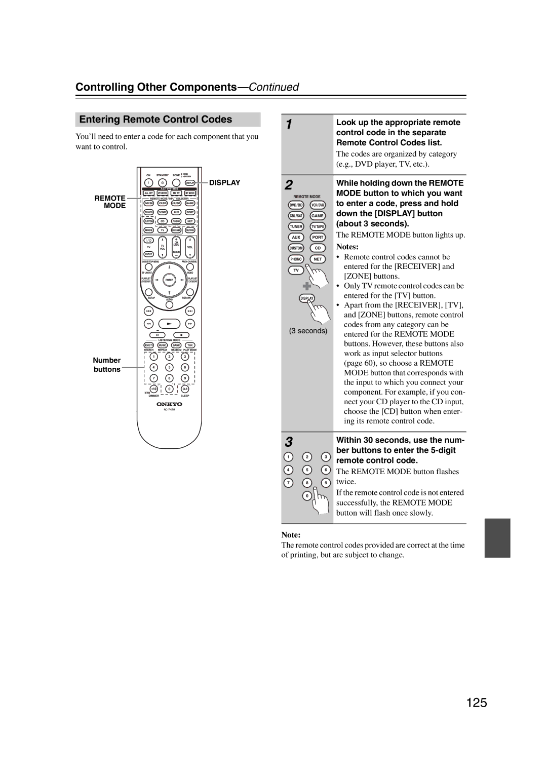 Onkyo TX-NR807, 29400021, HT-RC180 instruction manual 125, Entering Remote Control Codes 