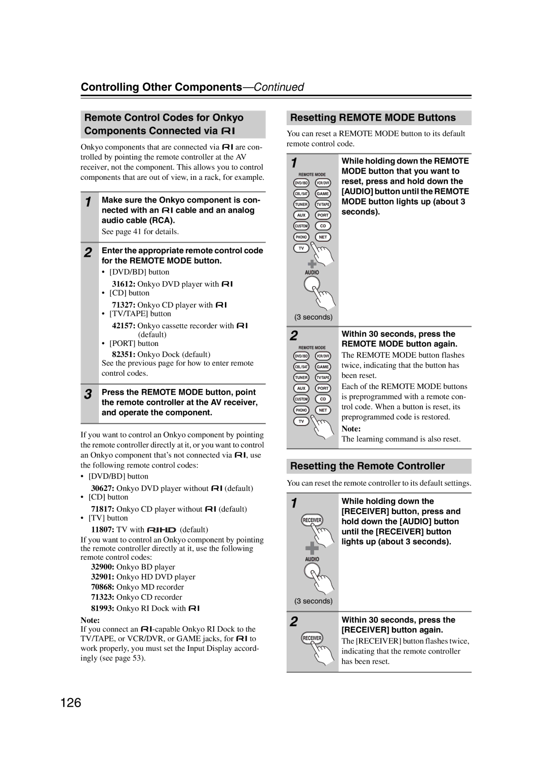 Onkyo 29400021, HT-RC180 126, Remote Control Codes for Onkyo Components Connected via u, Resetting Remote Mode Buttons 