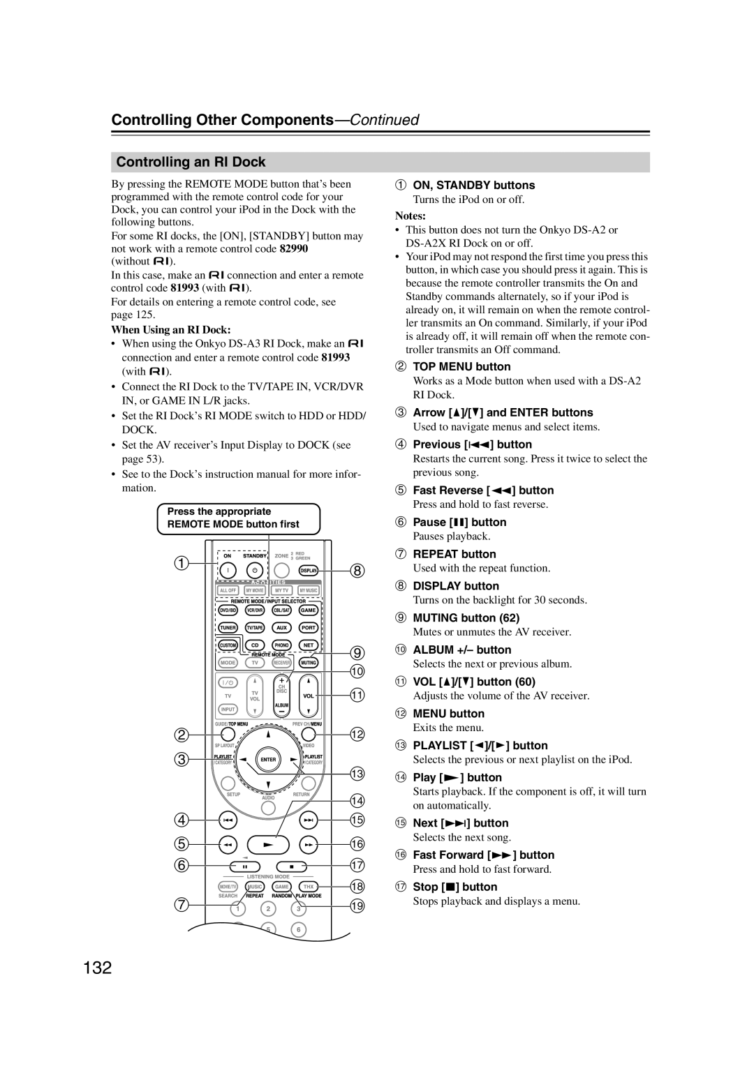 Onkyo 29400021, HT-RC180, TX-NR807 instruction manual 132, Controlling an RI Dock, When Using an RI Dock, Playlist e/r button 