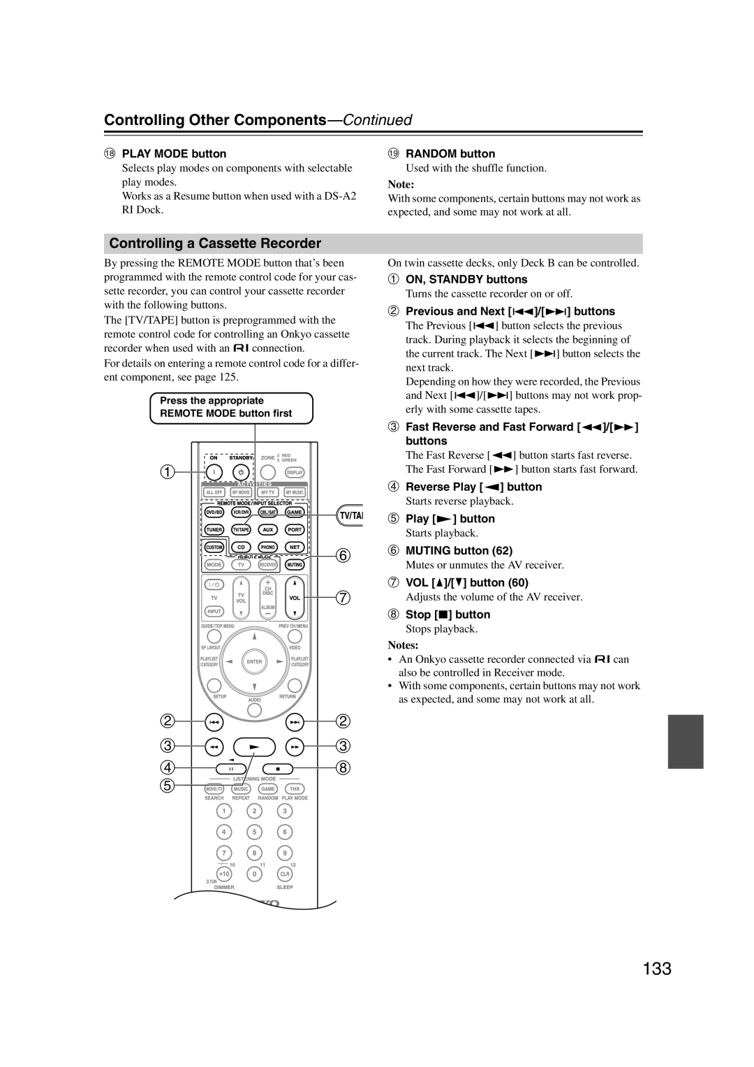 Onkyo HT-RC180, 29400021 133, Controlling a Cassette Recorder, Previous and Next 7/6 buttons, Reverse Play t button 