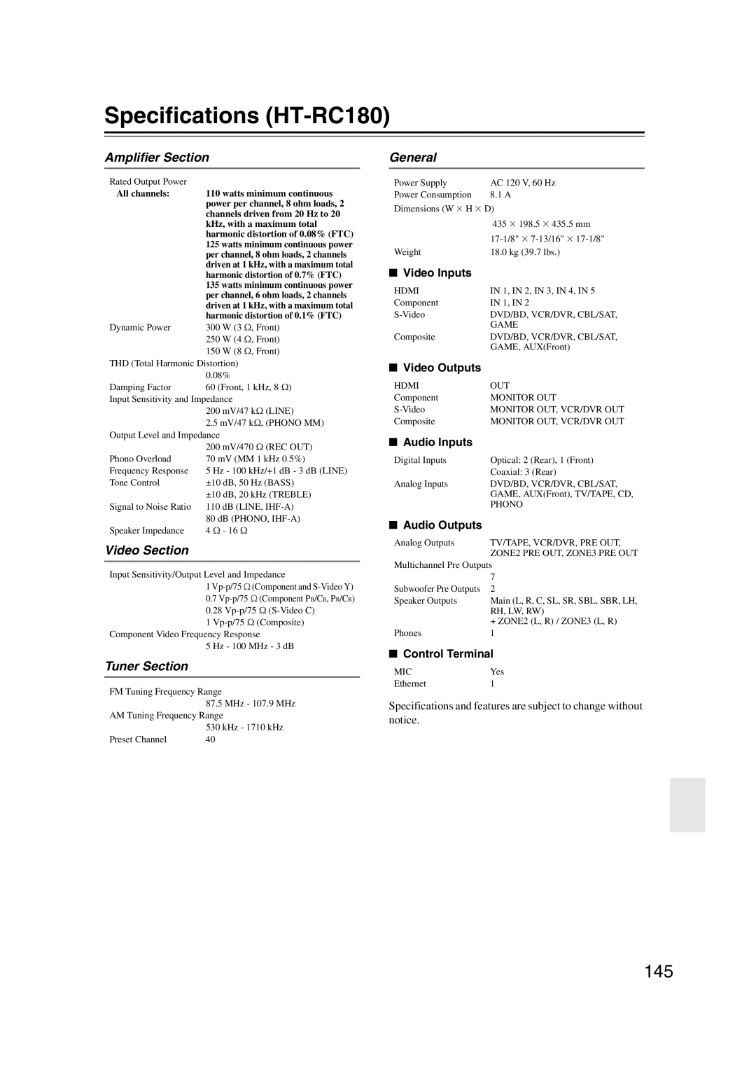 Onkyo 29400021, TX-NR807 instruction manual Specifications HT-RC180, 145 