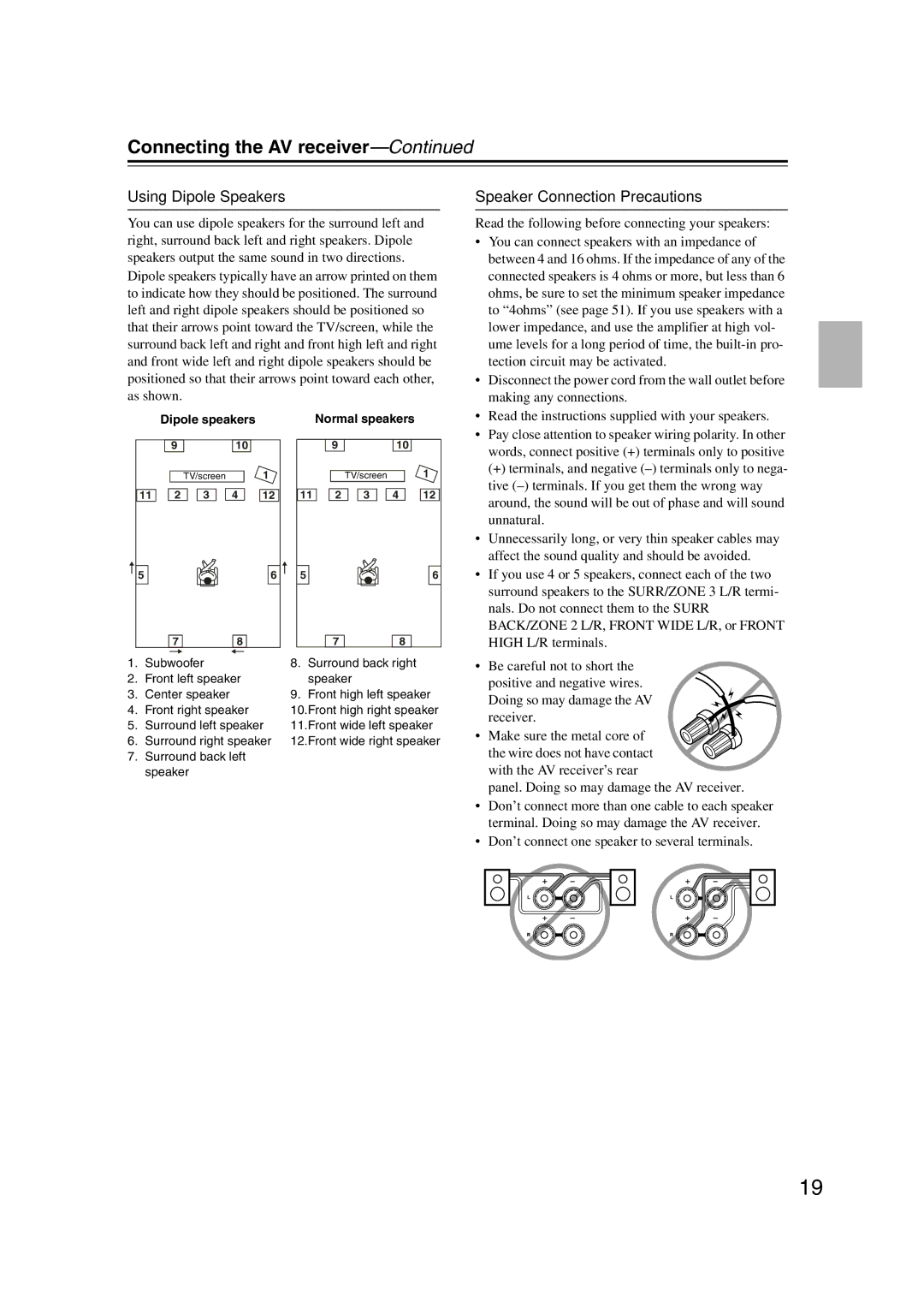 Onkyo HT-RC180, 29400021, TX-NR807 Connecting the AV receiver, Using Dipole Speakers, Speaker Connection Precautions 