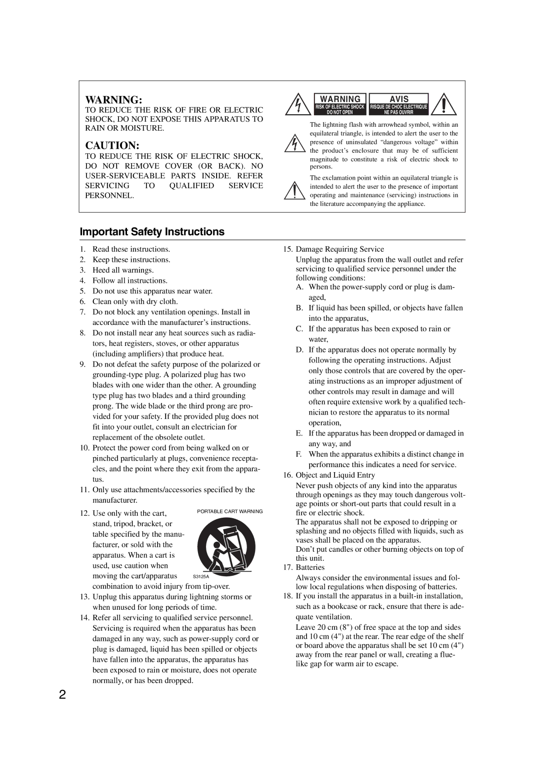 Onkyo TX-NR807, 29400021, HT-RC180 instruction manual Important Safety Instructions, Avis 