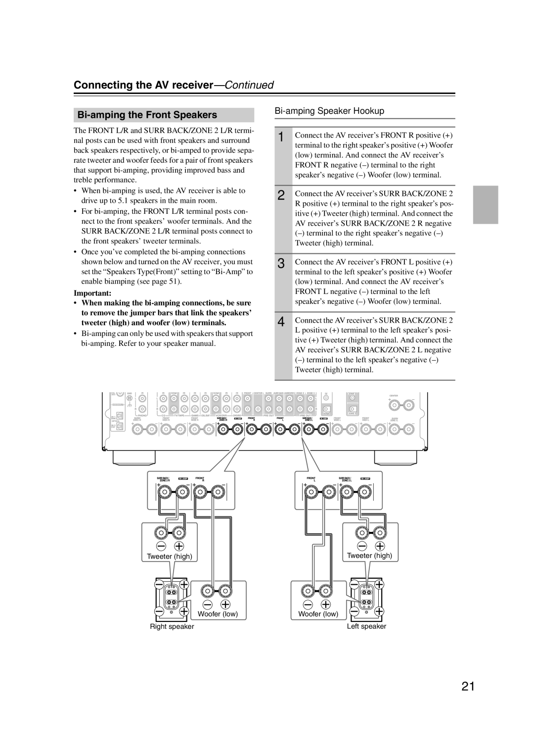 Onkyo 29400021, HT-RC180, TX-NR807 instruction manual Bi-amping the Front Speakers, Bi-amping Speaker Hookup 