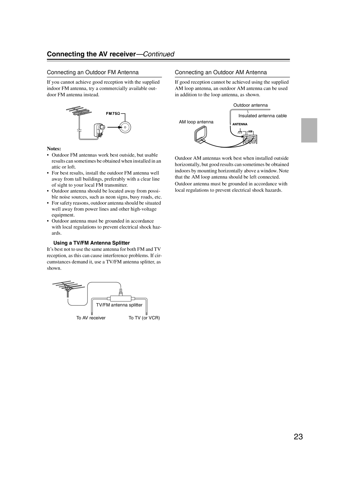 Onkyo TX-NR807 Connecting an Outdoor FM Antenna, Connecting an Outdoor AM Antenna, Using a TV/FM Antenna Splitter 