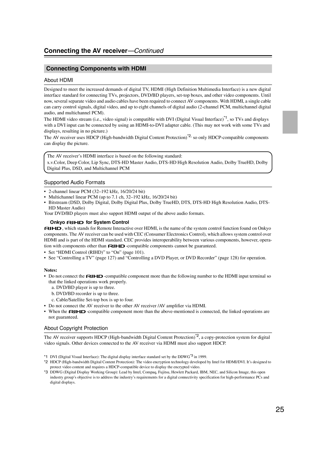 Onkyo HT-RC180, 29400021 Connecting Components with Hdmi, About Hdmi, Supported Audio Formats, About Copyright Protection 