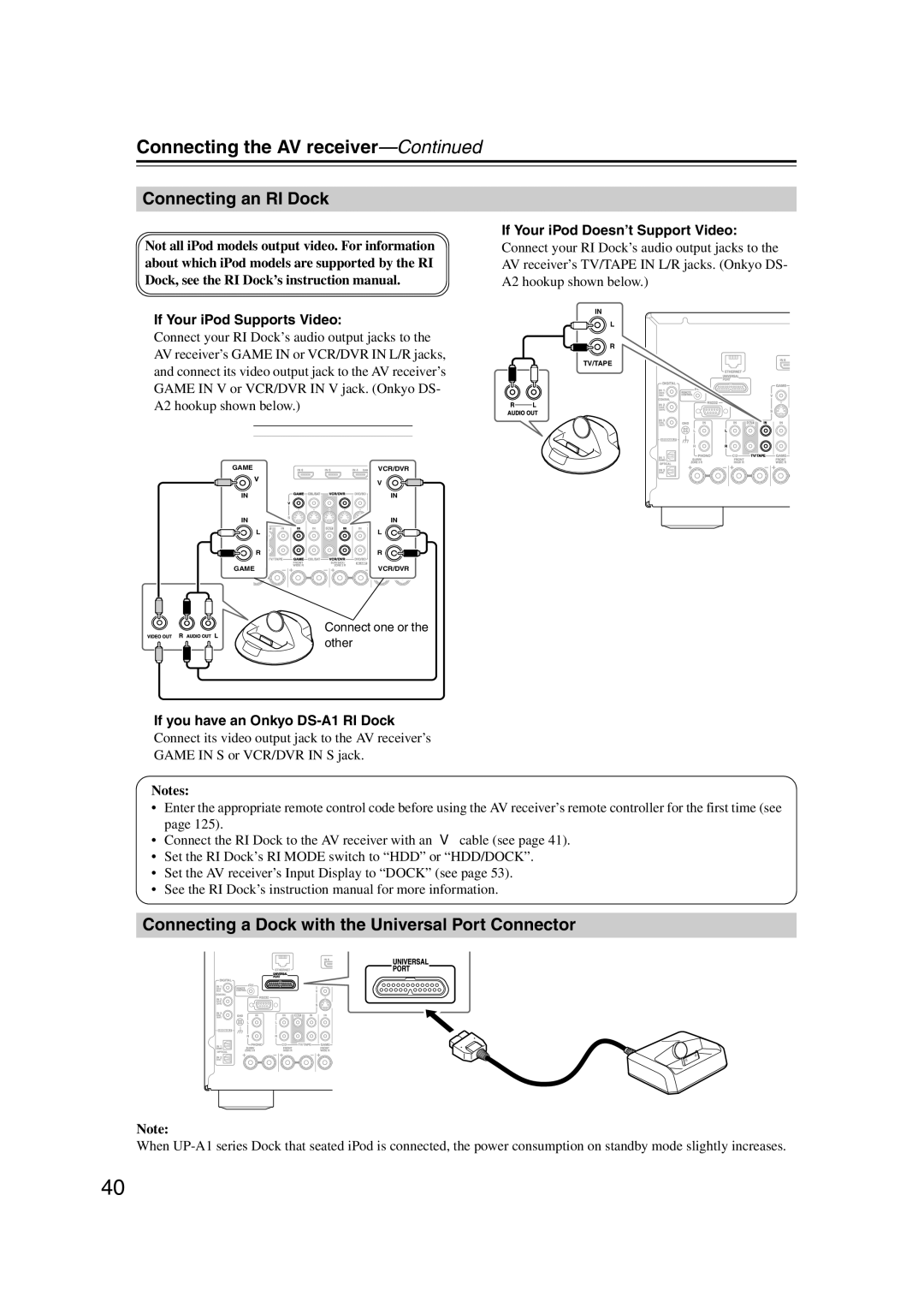 Onkyo HT-RC180 Connecting an RI Dock, Connecting a Dock with the Universal Port Connector, If Your iPod Supports Video 