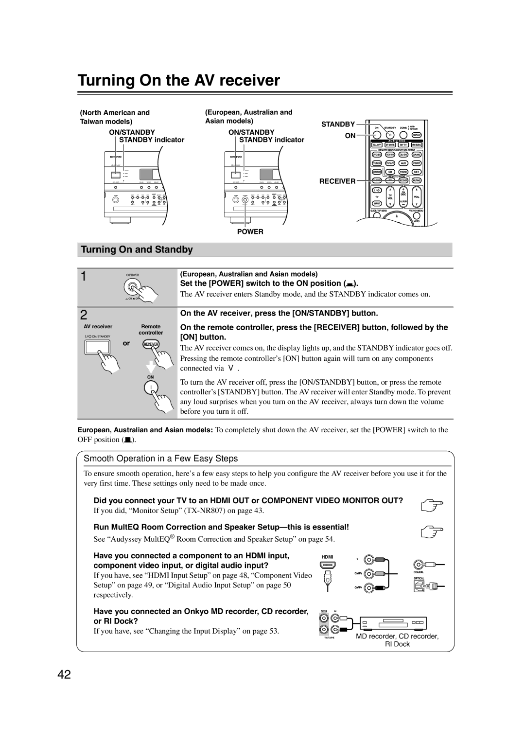 Onkyo 29400021, HT-RC180, TX-NR807 Turning On the AV receiver, Turning On and Standby, Smooth Operation in a Few Easy Steps 