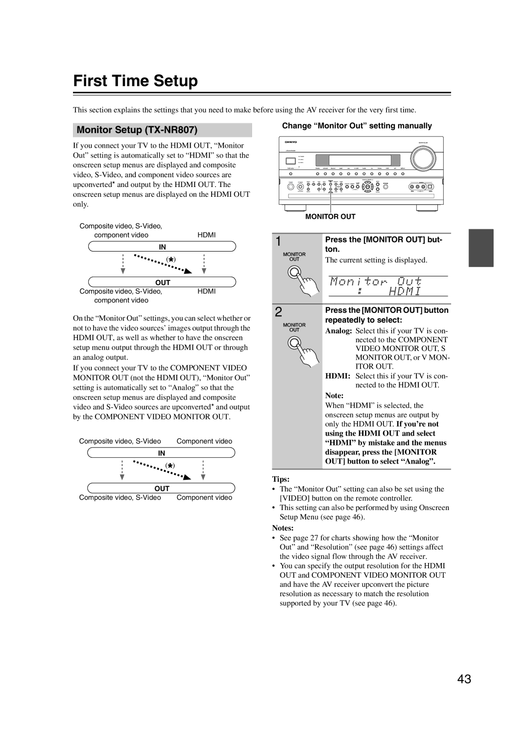 Onkyo HT-RC180, 29400021 instruction manual First Time Setup, Monitor Setup TX-NR807 