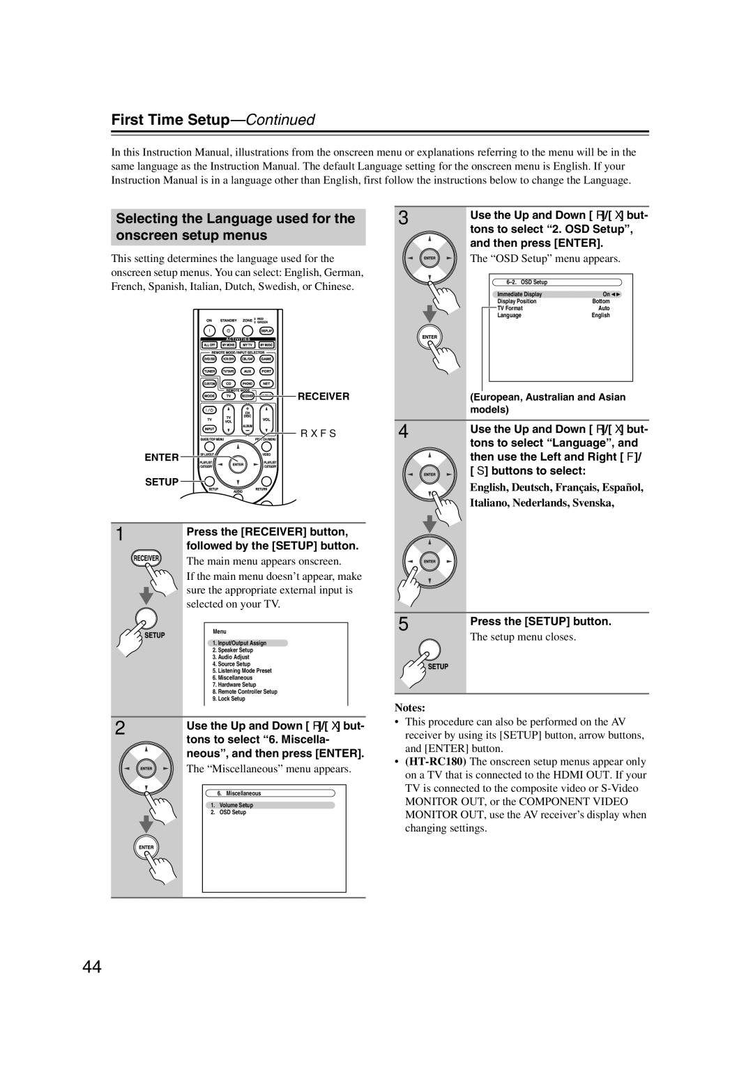 Onkyo TX-NR807, 29400021, HT-RC180 First Time Setup, Selecting the Language used for the onscreen setup menus 