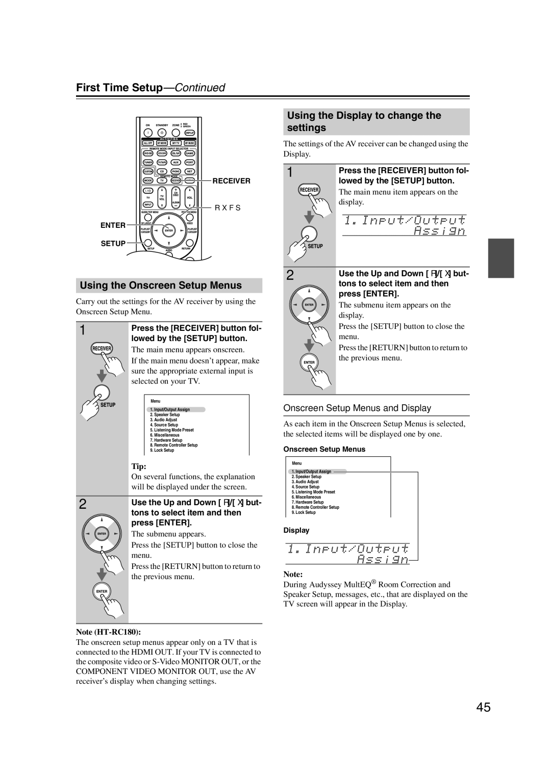 Onkyo 29400021 Using the Onscreen Setup Menus, Using the Display to change the settings, Onscreen Setup Menus and Display 