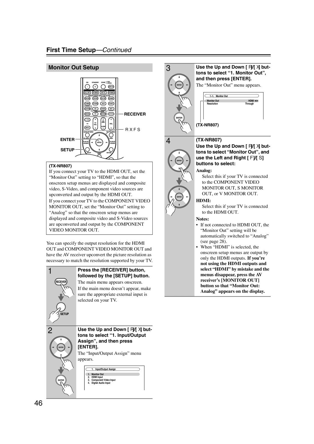 Onkyo HT-RC180, 29400021, TX-NR807 Monitor Out Setup, Tons to select 1. Input/Output, Assign, and then press 