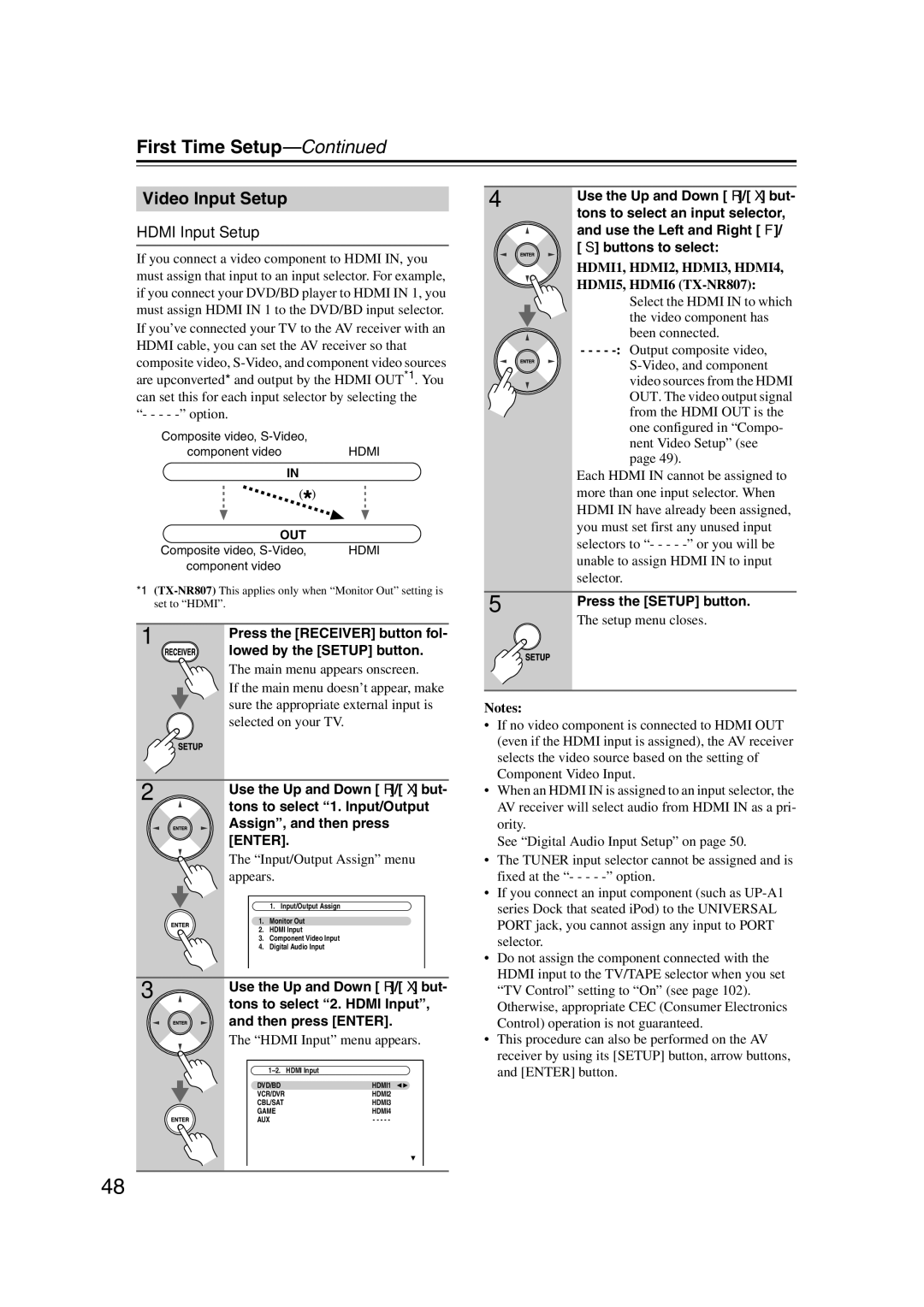 Onkyo 29400021, HT-RC180, TX-NR807 instruction manual Video Input Setup, Hdmi Input Setup 