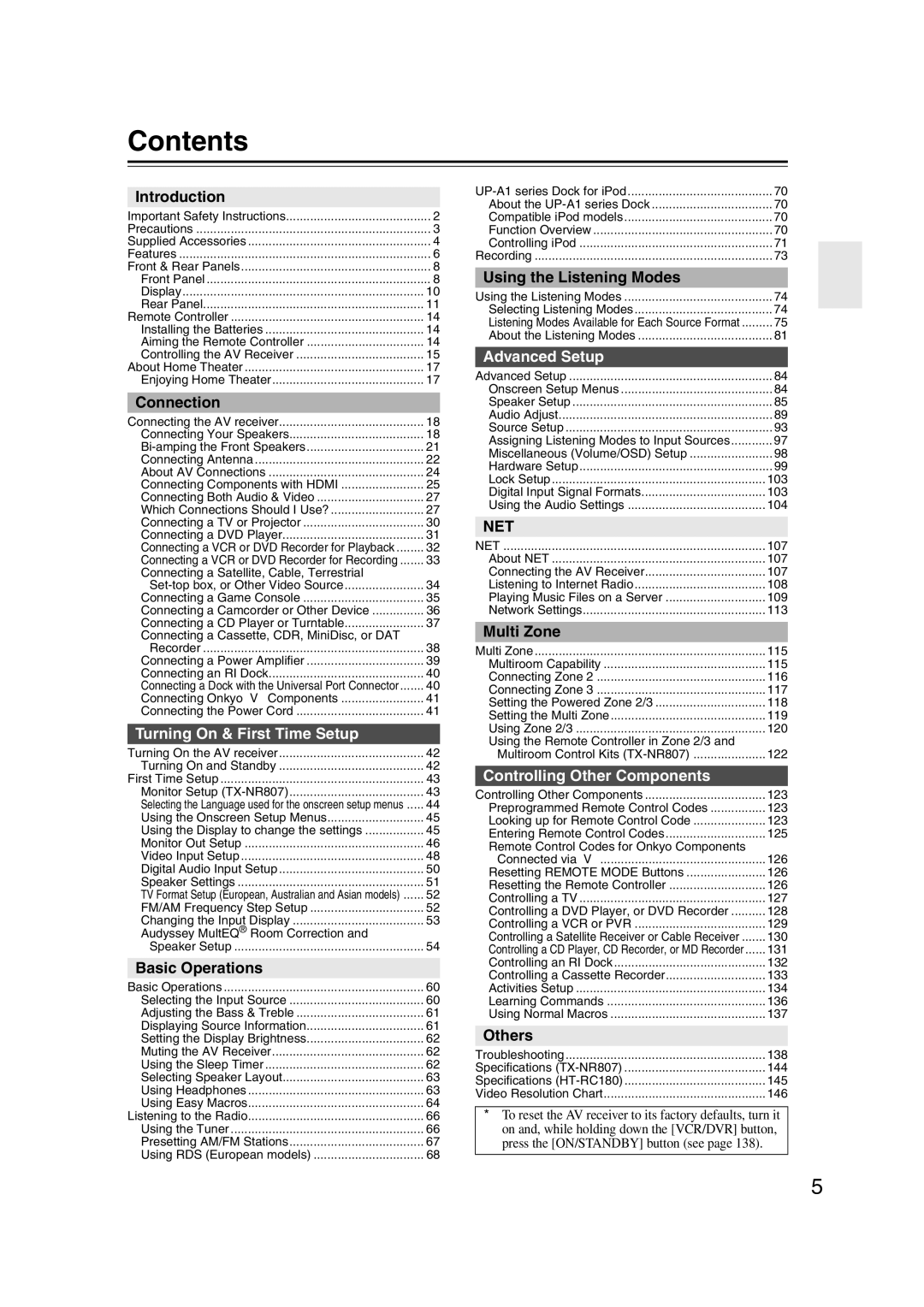 Onkyo TX-NR807, 29400021, HT-RC180 instruction manual Contents 