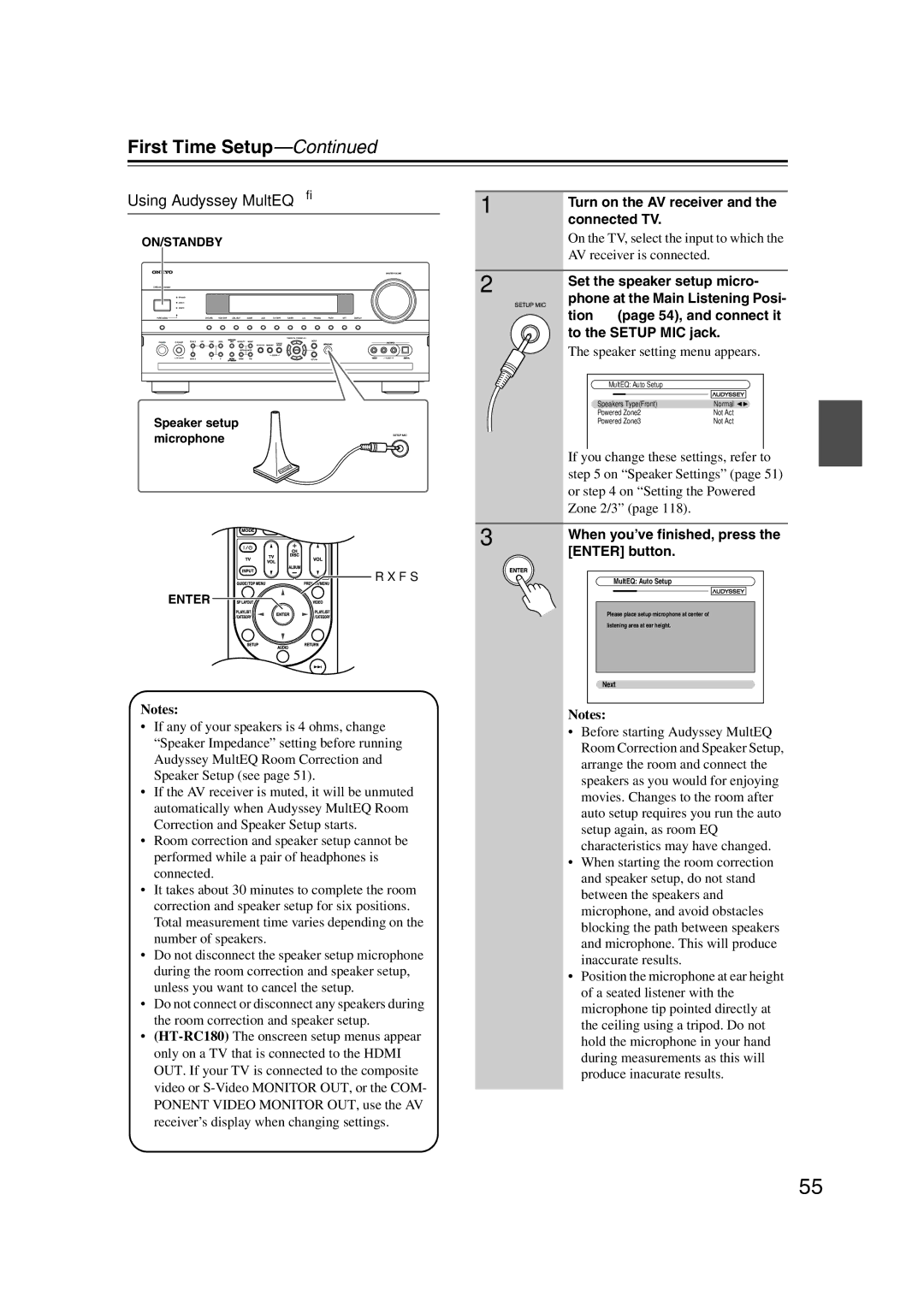 Onkyo HT-RC180, 29400021 Using Audyssey MultEQ, Turn on the AV receiver and the connected TV, Speaker setting menu appears 