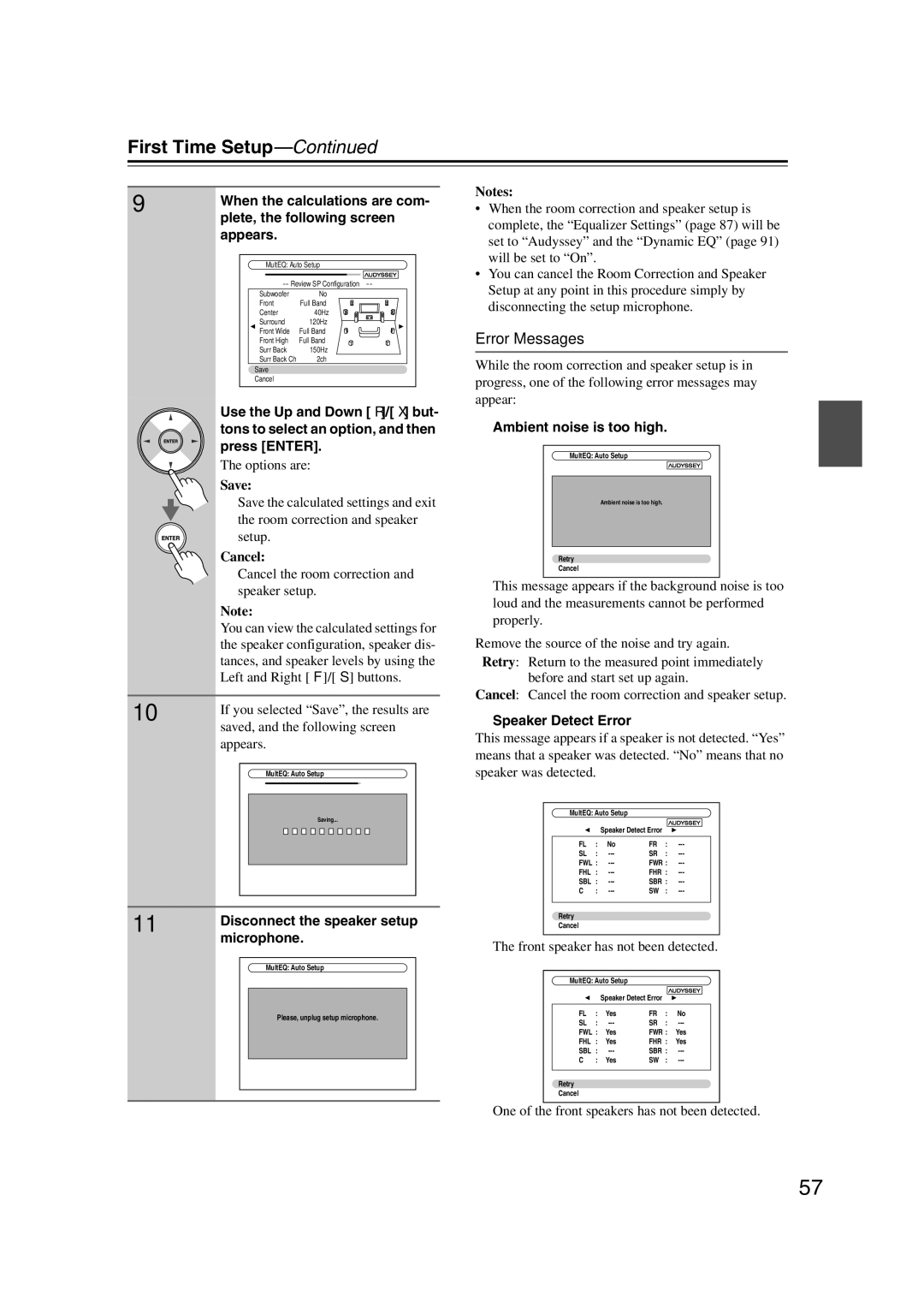 Onkyo 29400021 Error Messages, Disconnect the speaker setup microphone, Ambient noise is too high, Speaker Detect Error 