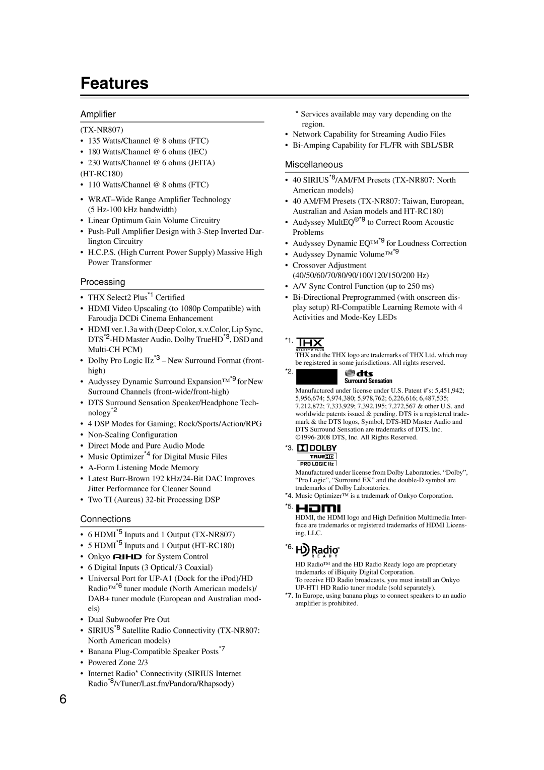 Onkyo 29400021, HT-RC180, TX-NR807 instruction manual Features, Amplifier, Processing, Connections, Miscellaneous 