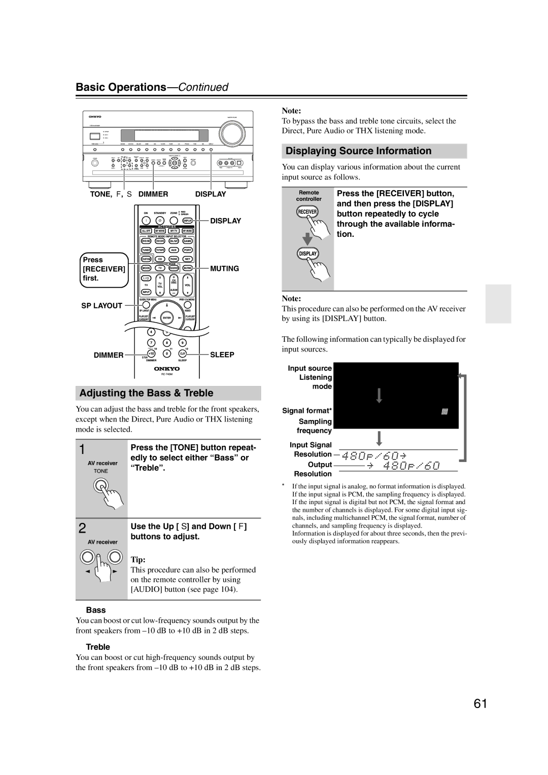 Onkyo HT-RC180, 29400021, TX-NR807 Basic Operations, Adjusting the Bass & Treble, Displaying Source Information 